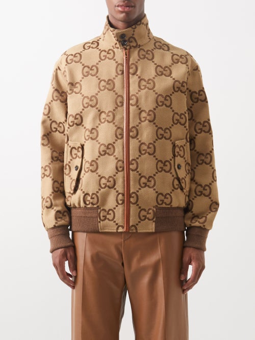 GUCCI Logo-Jacquard Leather-Trimmed Cotton-Blend Canvas Bomber Jacket for  Men