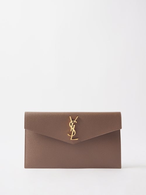 Saint Laurent Uptown Ysl-plaque Grained-leather Clutch Bag in Brown