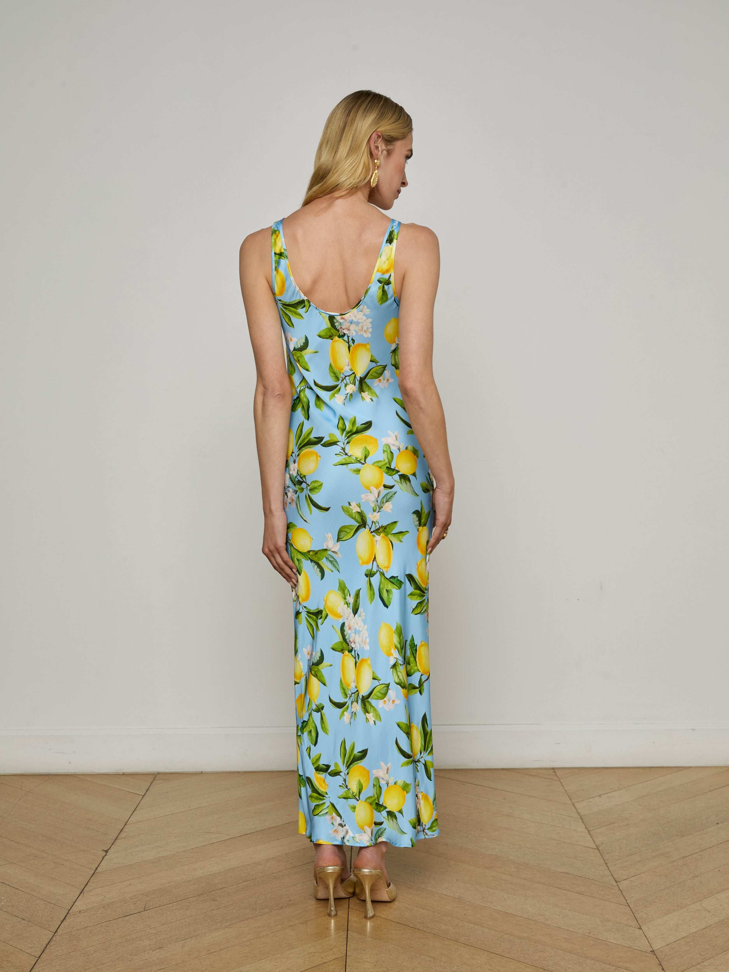Akiya Satin Maxi Dress In Sky Blue/yellow Floral Lemon