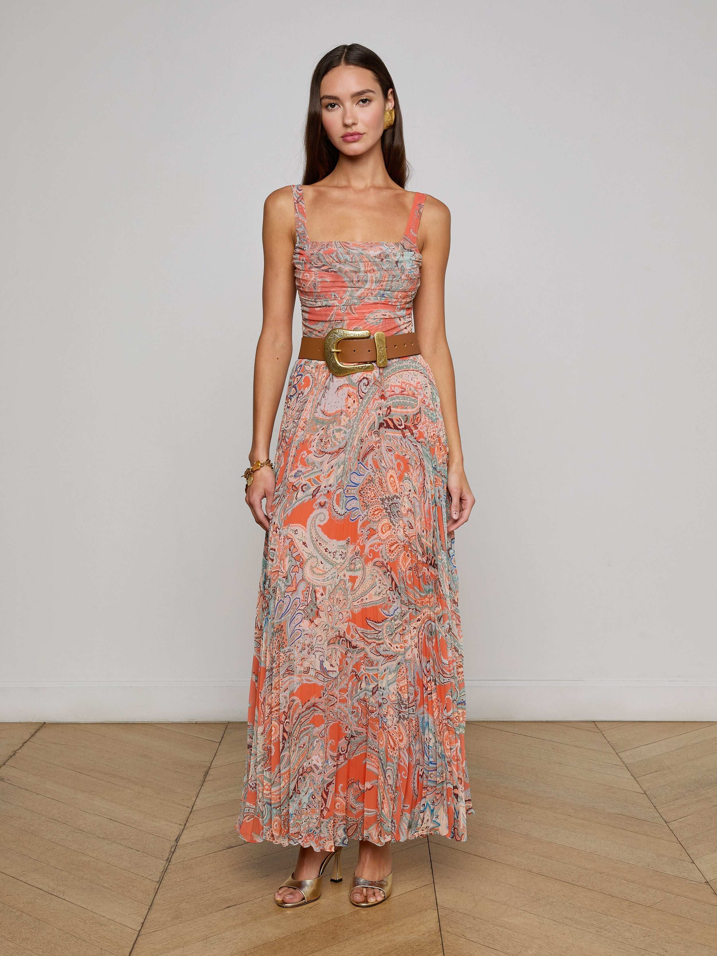 Torin Pleated Maxi Skirt In Orange/light Blue Traditional Paisley