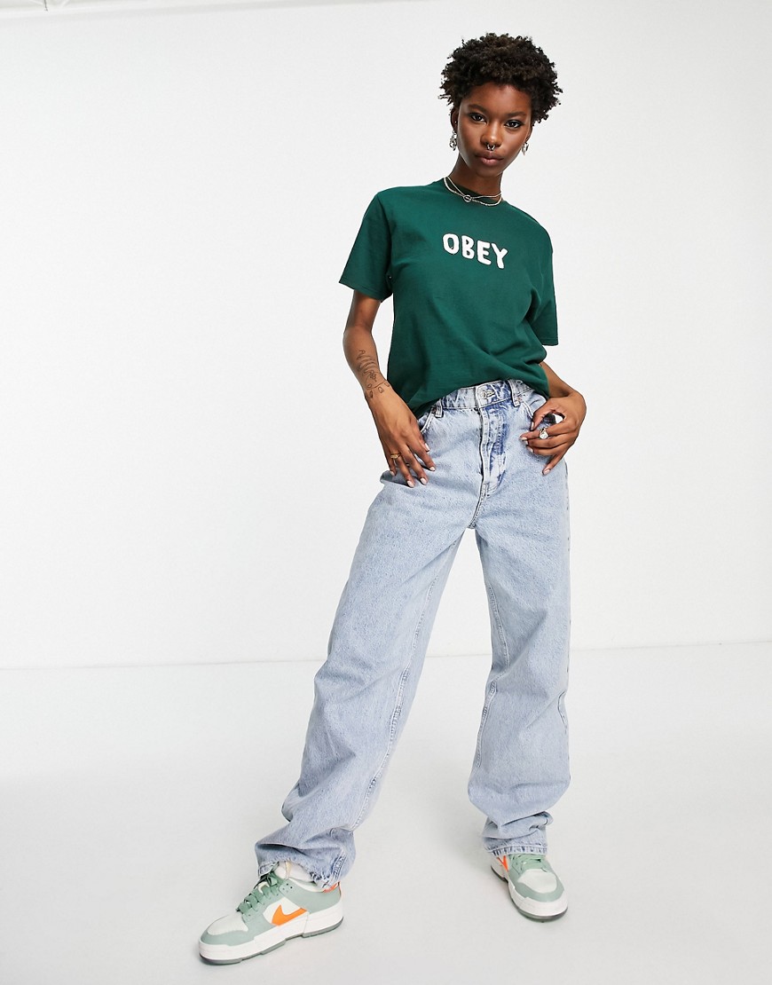 오베이 여성 작은 스크리블 로고가 있는 오버사이즈 티셔츠-그린