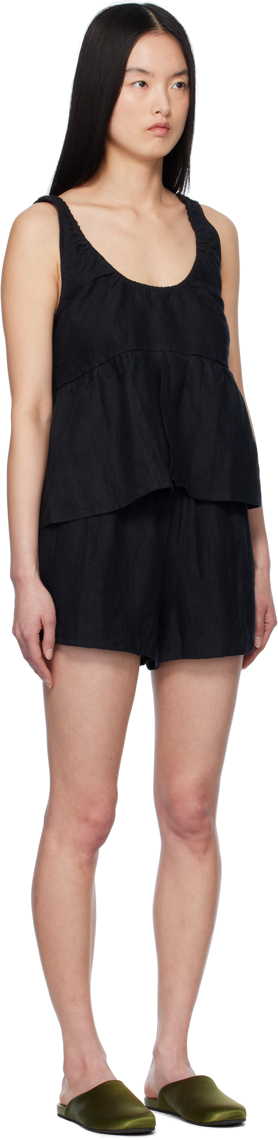 Deiji Studios Black Gathered Linen Pyjama Set