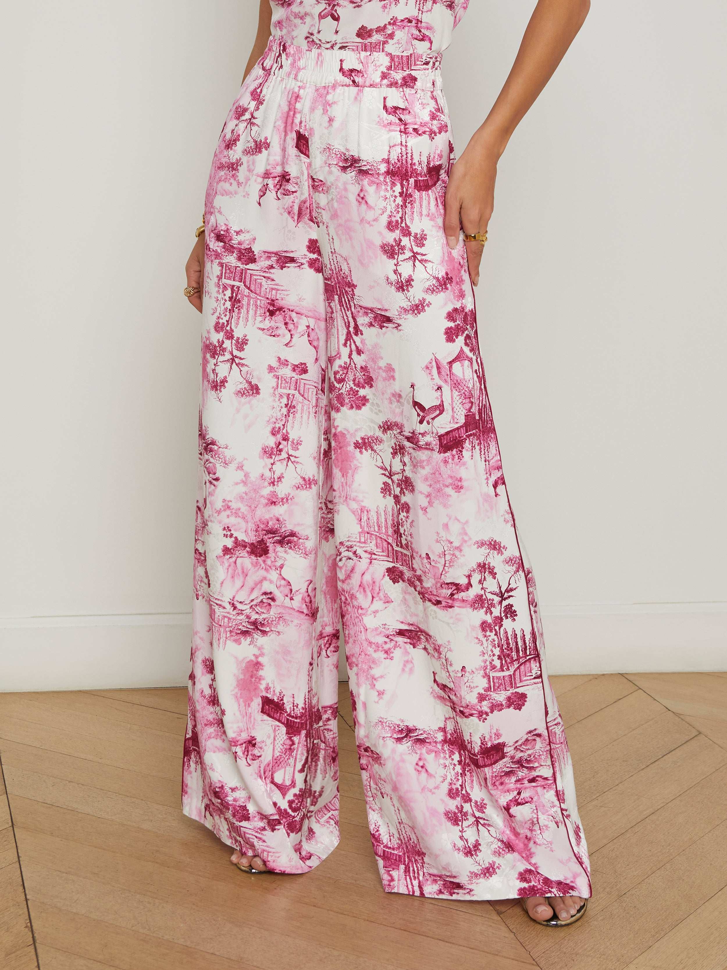 Ivy Satin Wide-Leg Pants In White/pink Porcelain Toile