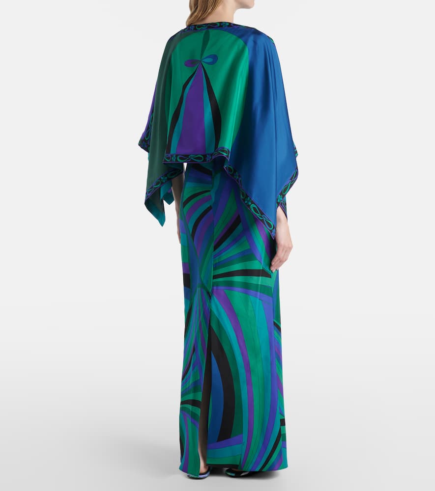 Iride printed cape-detail silk maxi dress