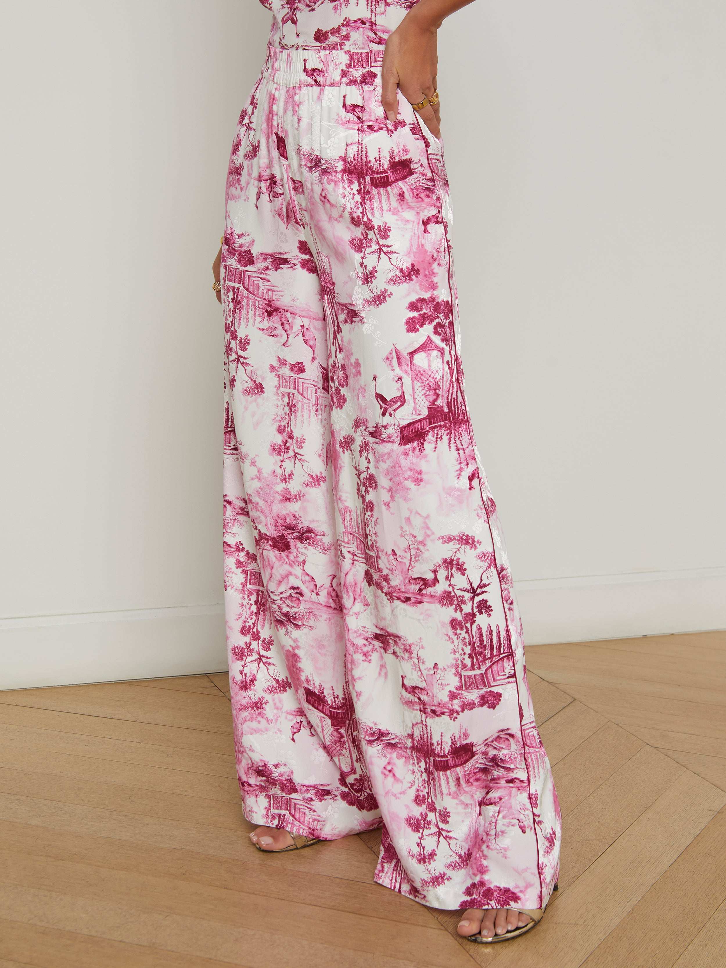 Ivy Satin Wide-Leg Pants In White/pink Porcelain Toile