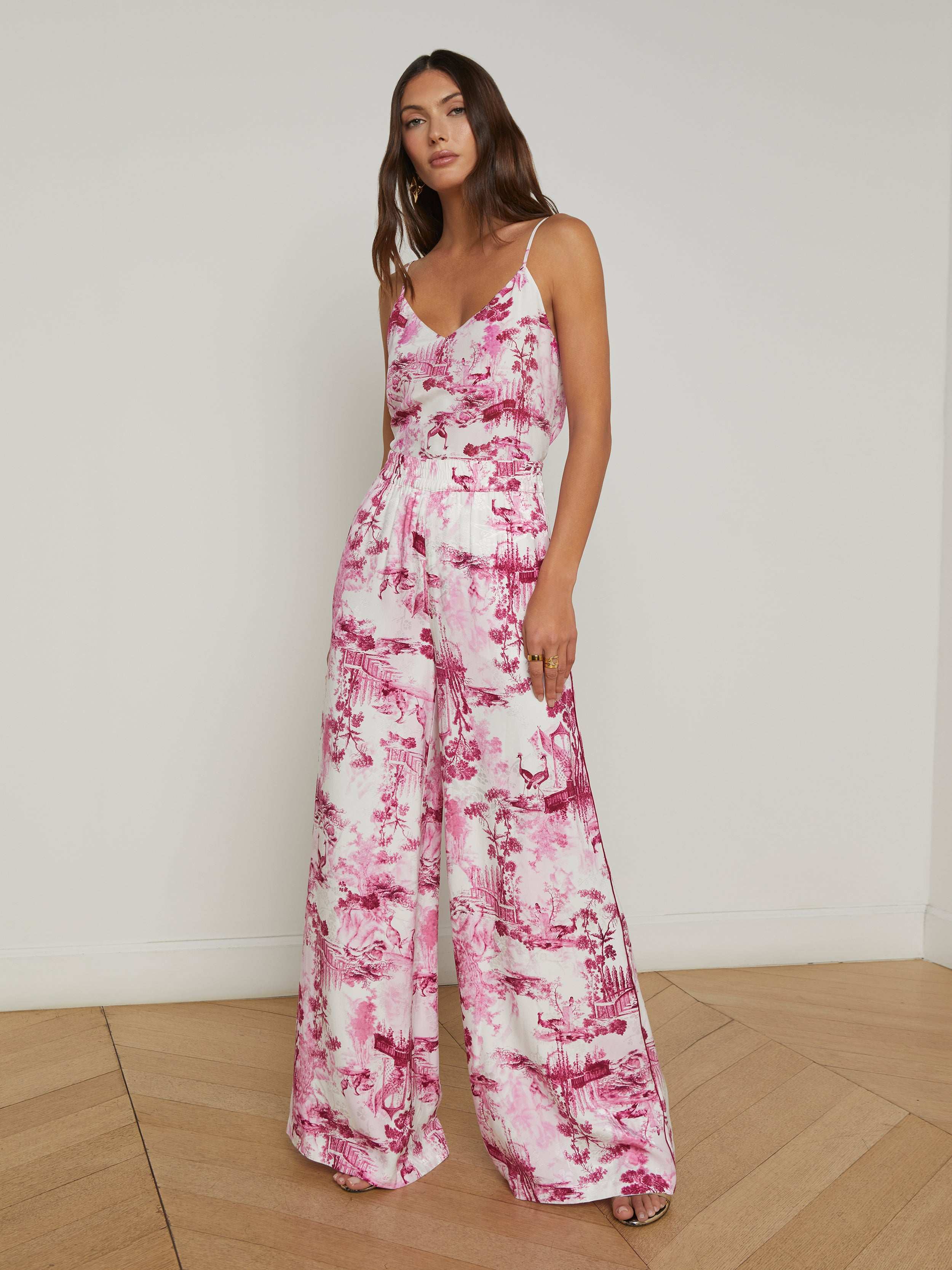 Ivy Satin Wide-Leg Pants In White/pink Porcelain Toile