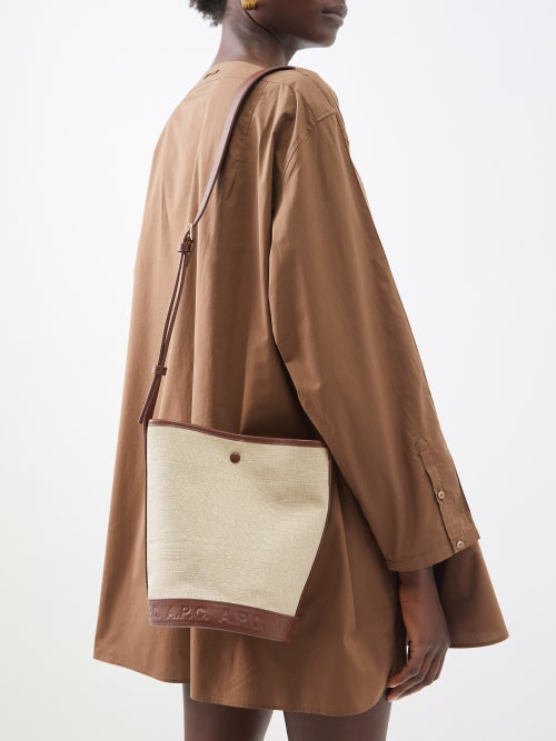 Beige Helene leather-trim canvas bucket bag, A.P.C.