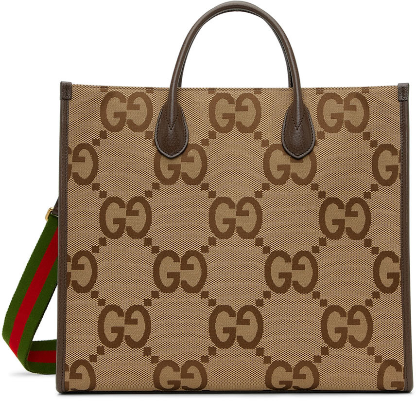 Gucci Gg Jumbo Leather-trimmed Canvas-jacquard Tote in Brown