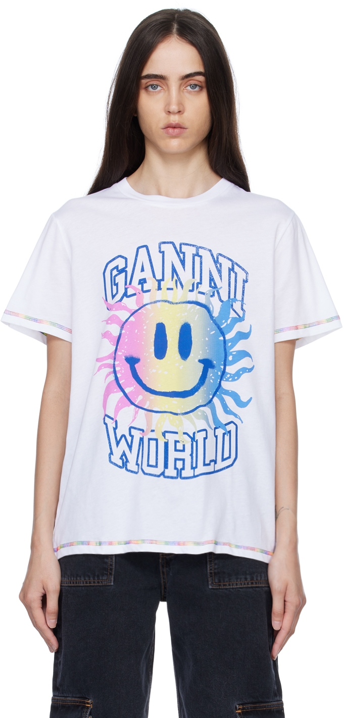 GANNI white Smiley Face T-Shirt