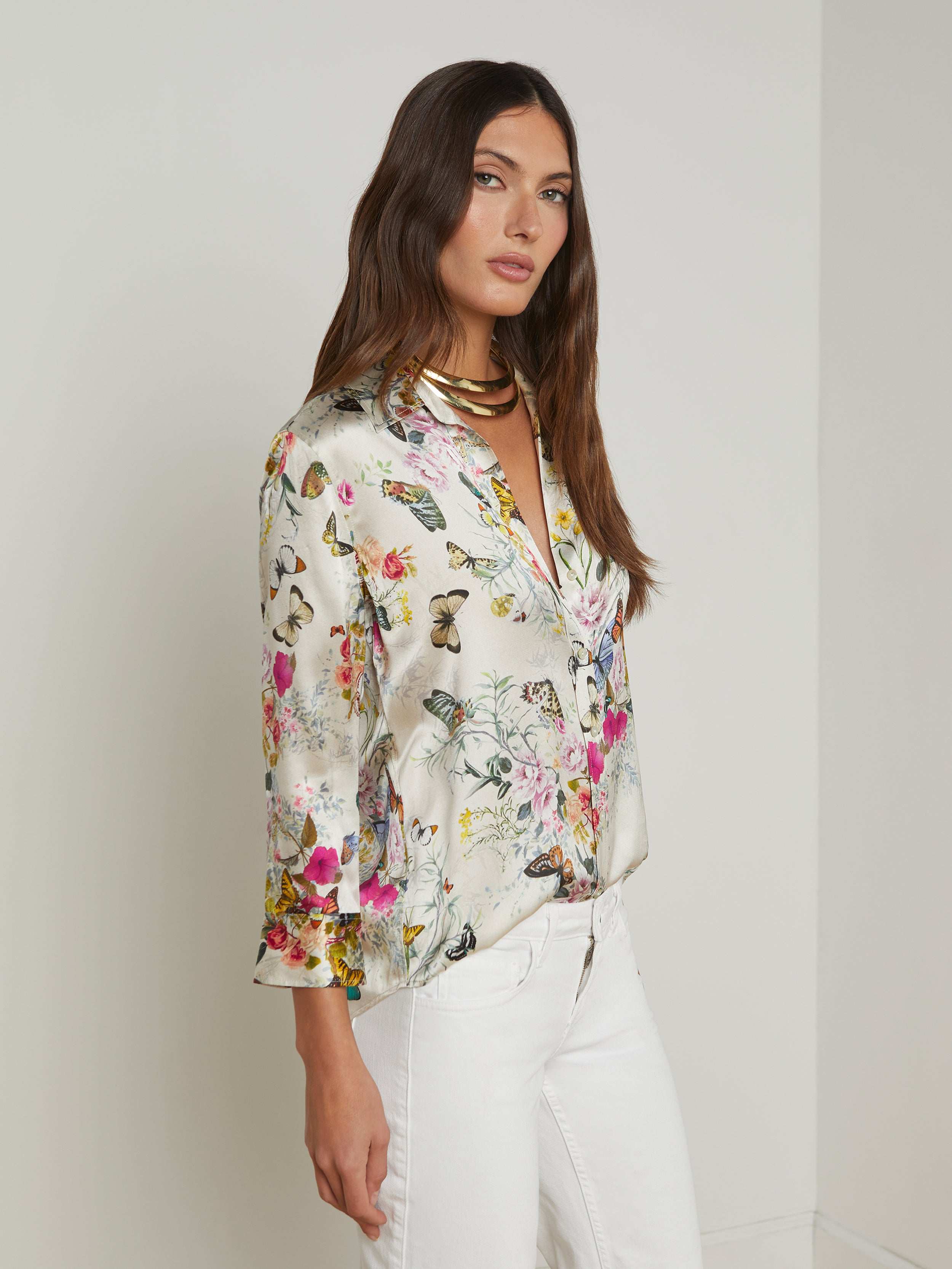 Dani Silk Blouse Top In Vintage White Multi Charonda Butterfly
