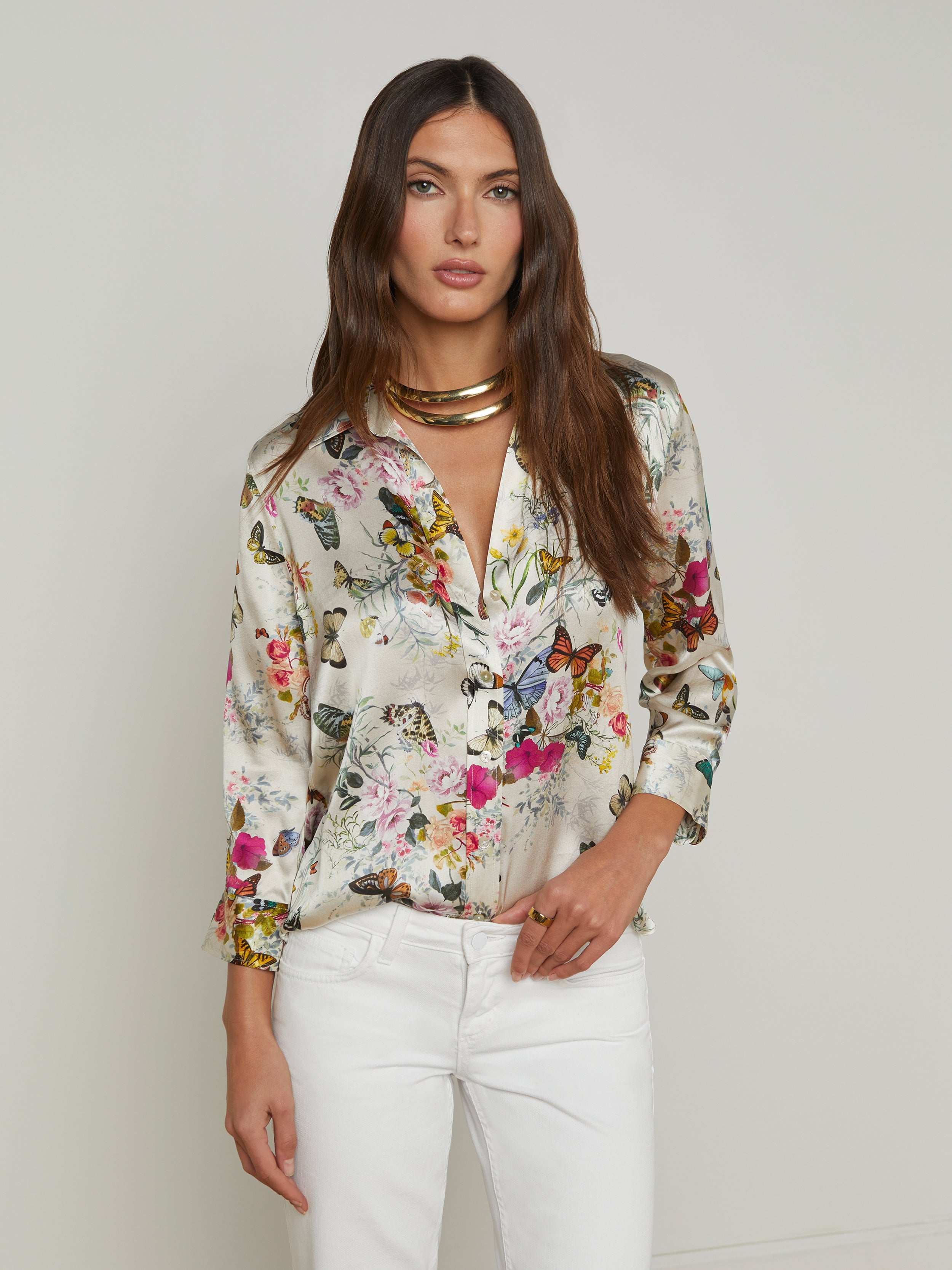 Dani Silk Blouse Top In Vintage White Multi Charonda Butterfly