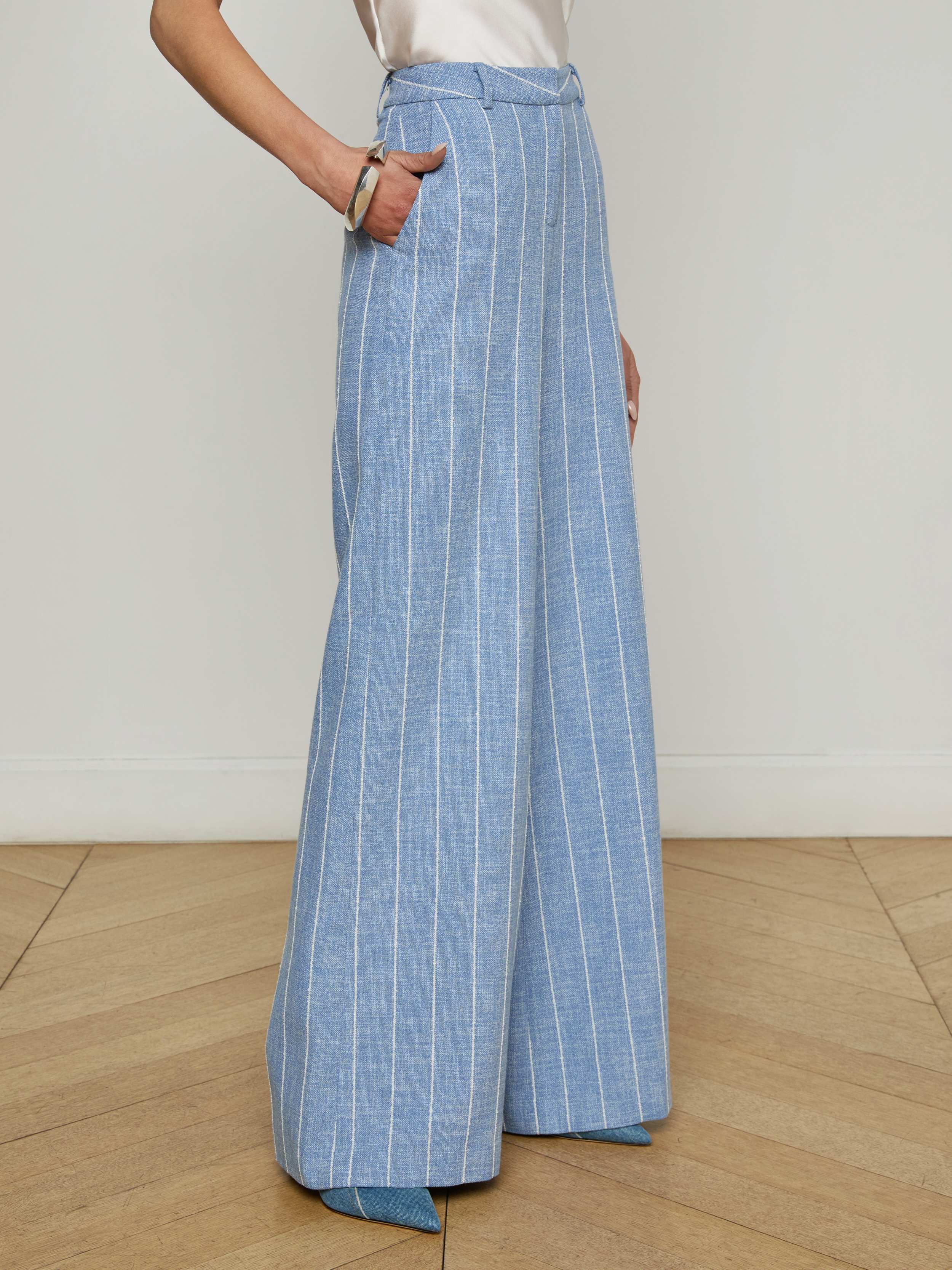 Pilar Pinstriped Wide-Leg Pants In Sky Blue/white Pinstripe