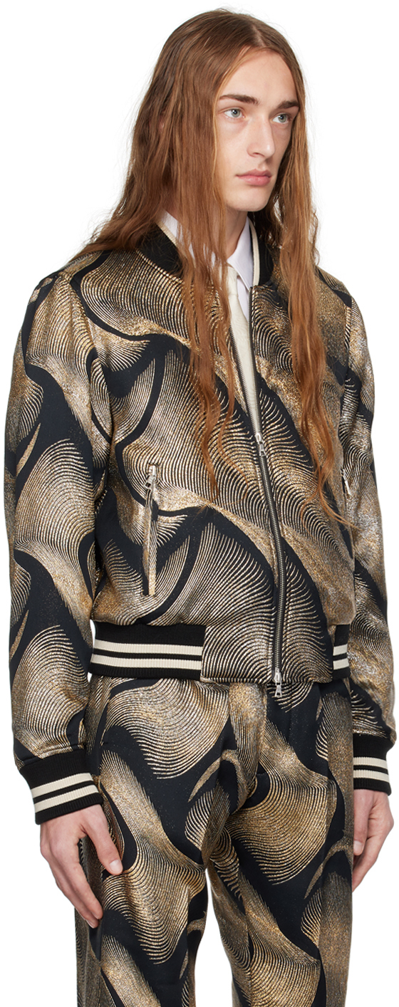 Dries Van Noten: Black & Gold Jacquard Bomber Jacket