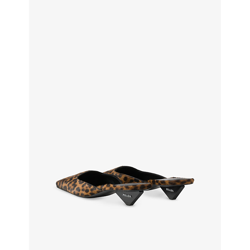 Womens Neutral Leopard-print Square-toe Leather Heeled Mules