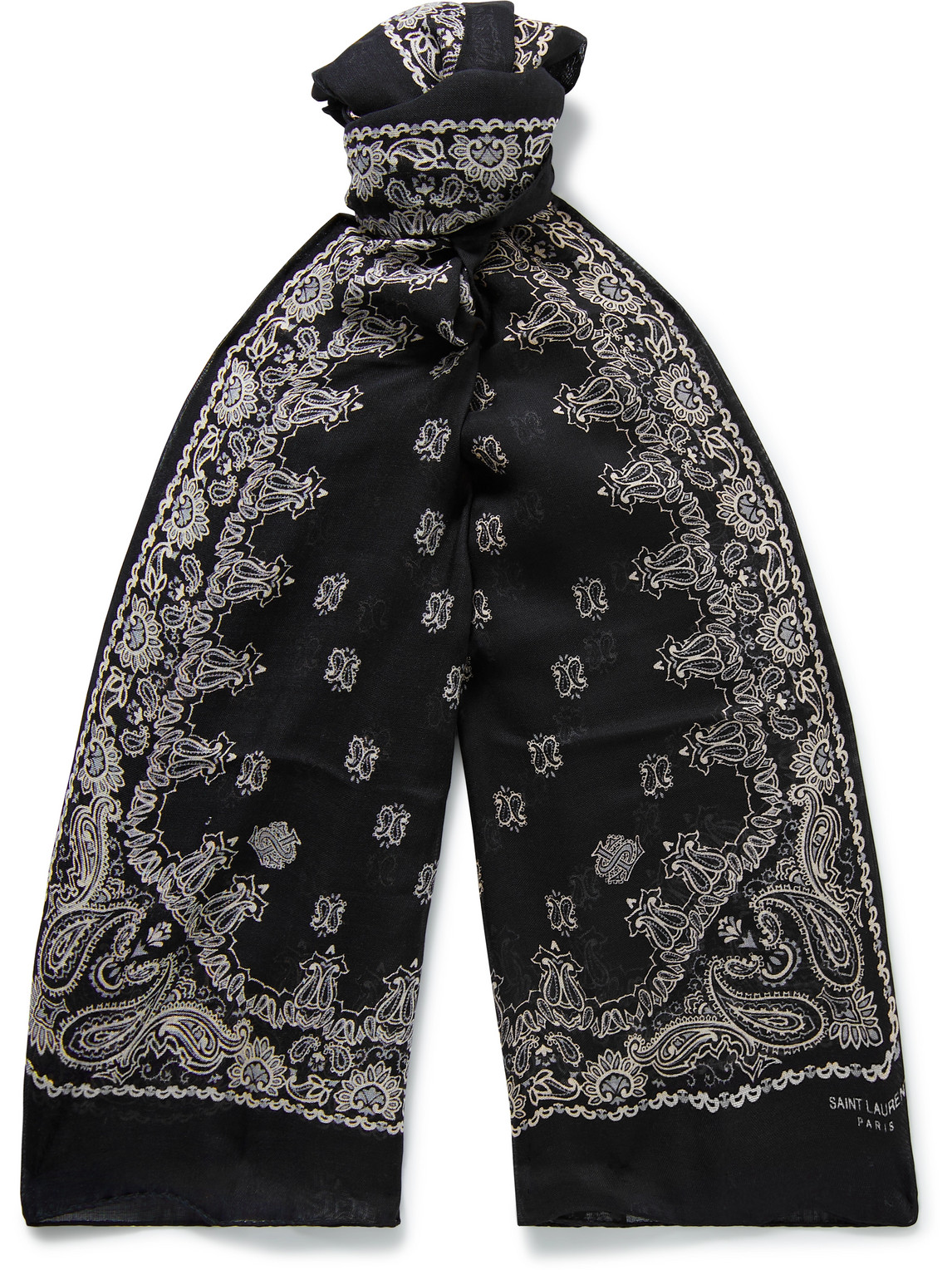 SAINT LAURENT: silk scarf with all over printed logo - Black