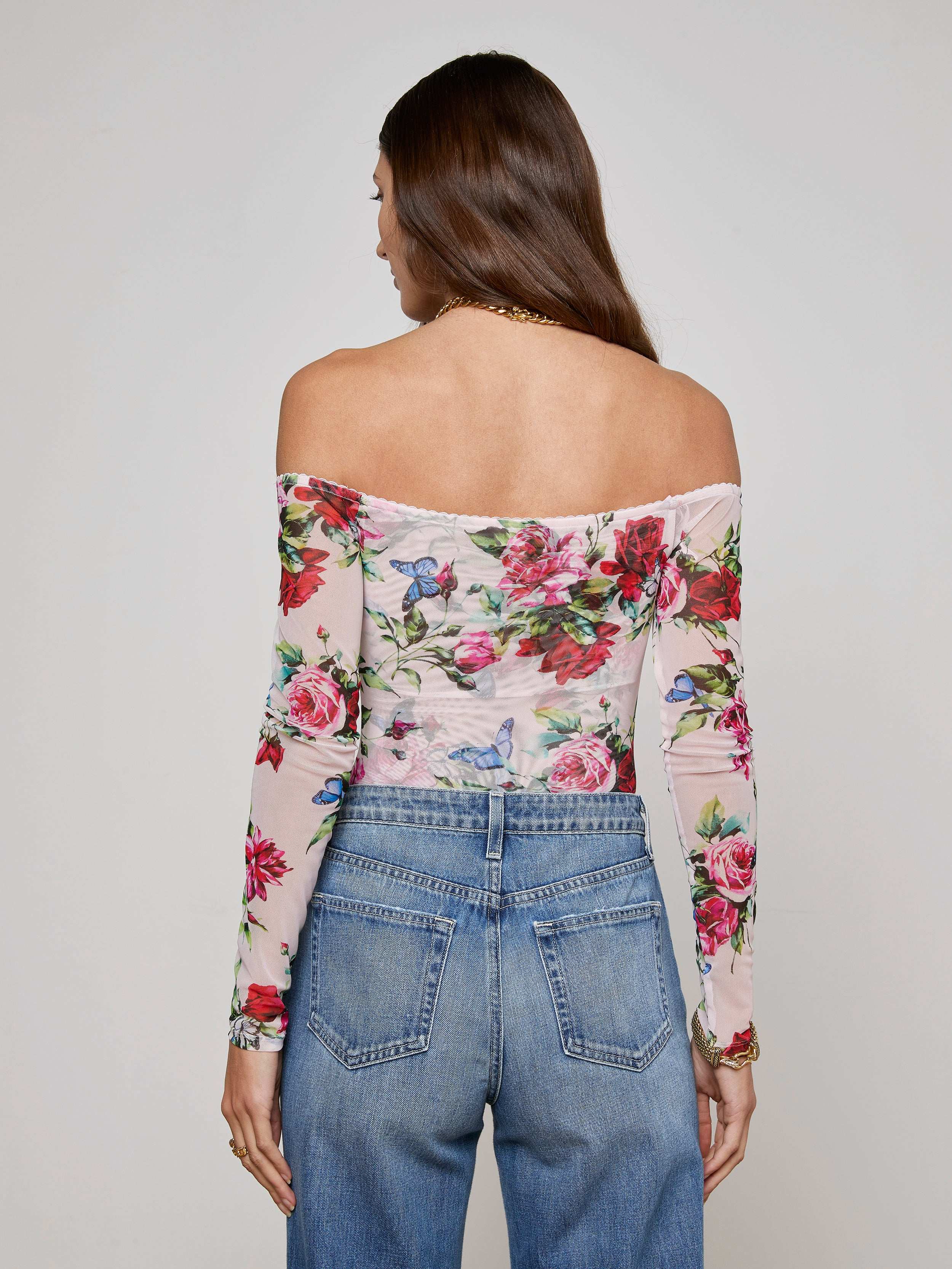 Peonie Off-The-Shoulder Bodysuit In Light Pink Multi Femme Rose
