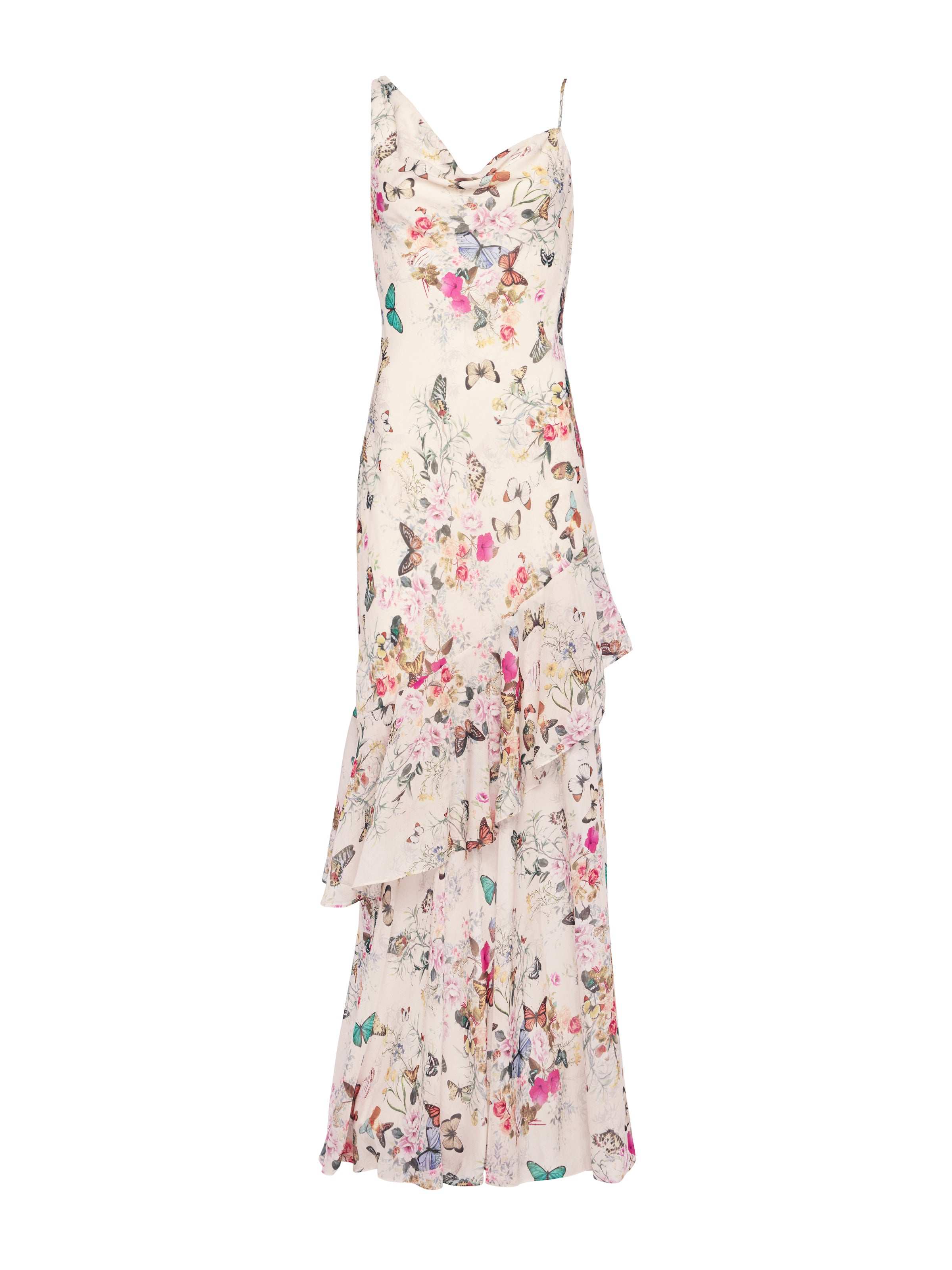 Viola Silk Cowl-Neck Gown In Vintage White Multi Charonda Butterfly