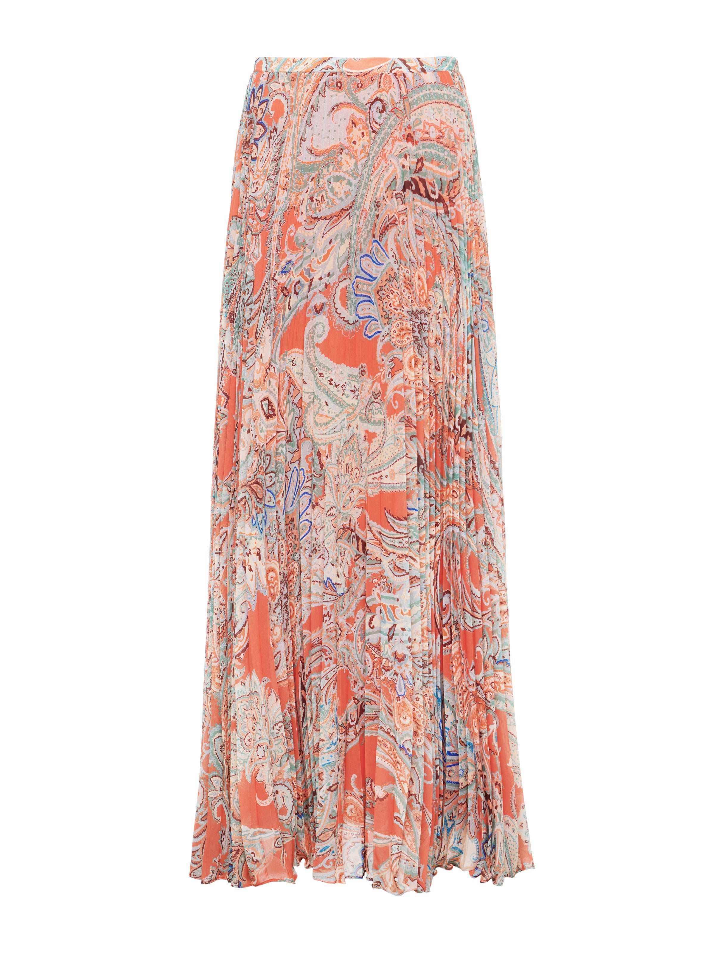 Torin Pleated Maxi Skirt In Orange/light Blue Traditional Paisley