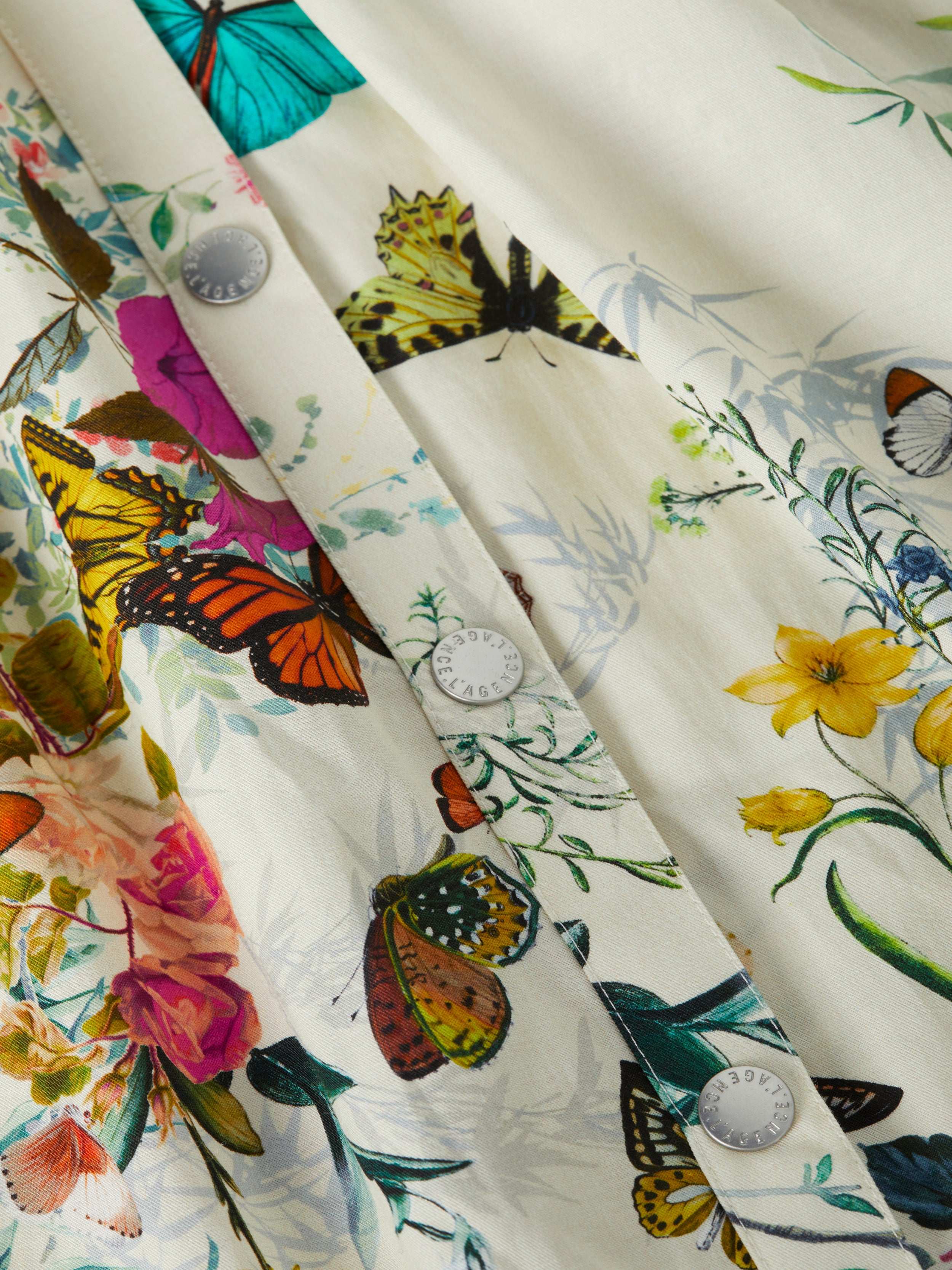 Seina Poplin Midi Skirt In Vintage White Multi Charonda Butterfly