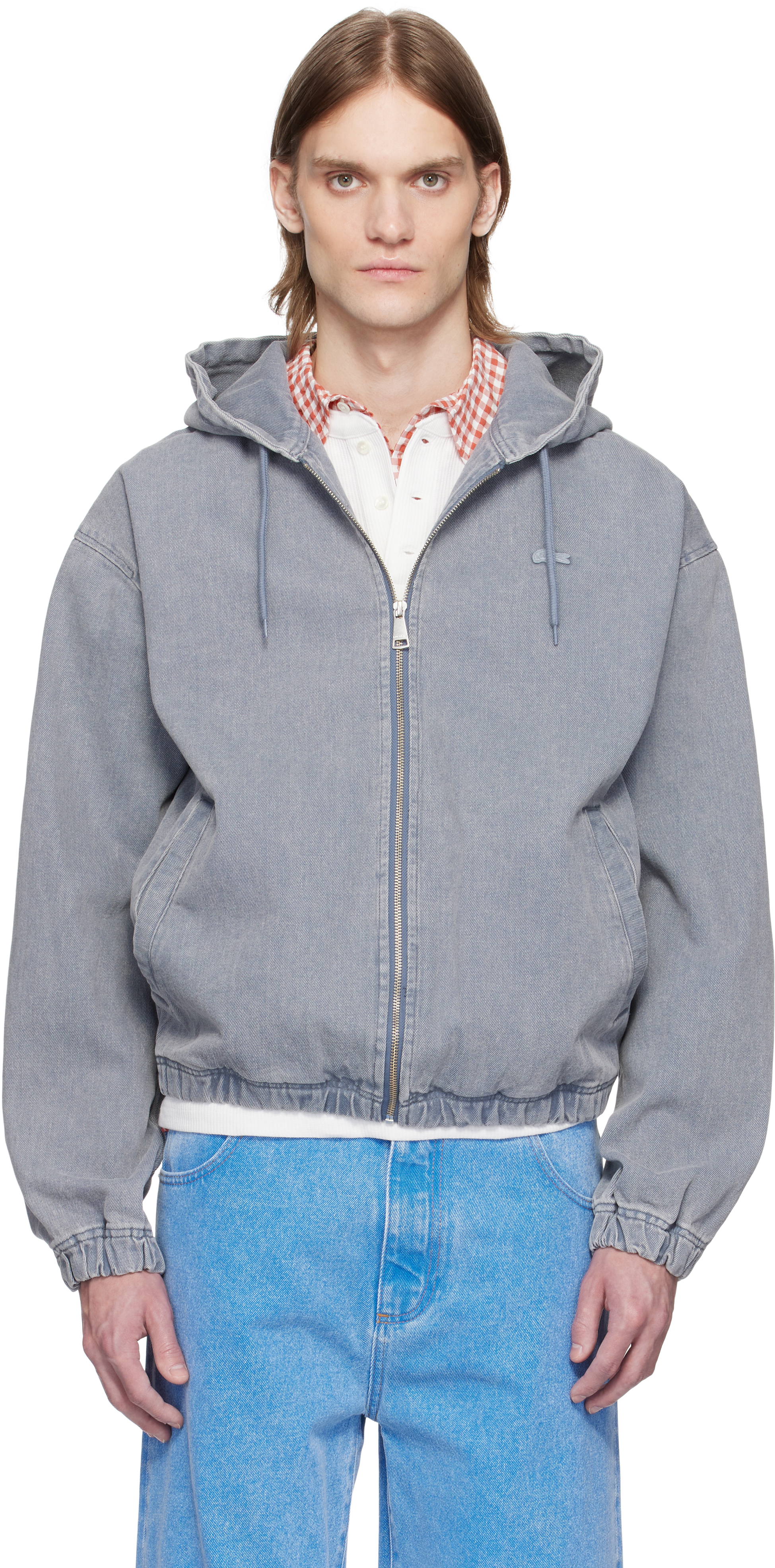Lacoste Gray Washed Effect Hooded Denim Jacket