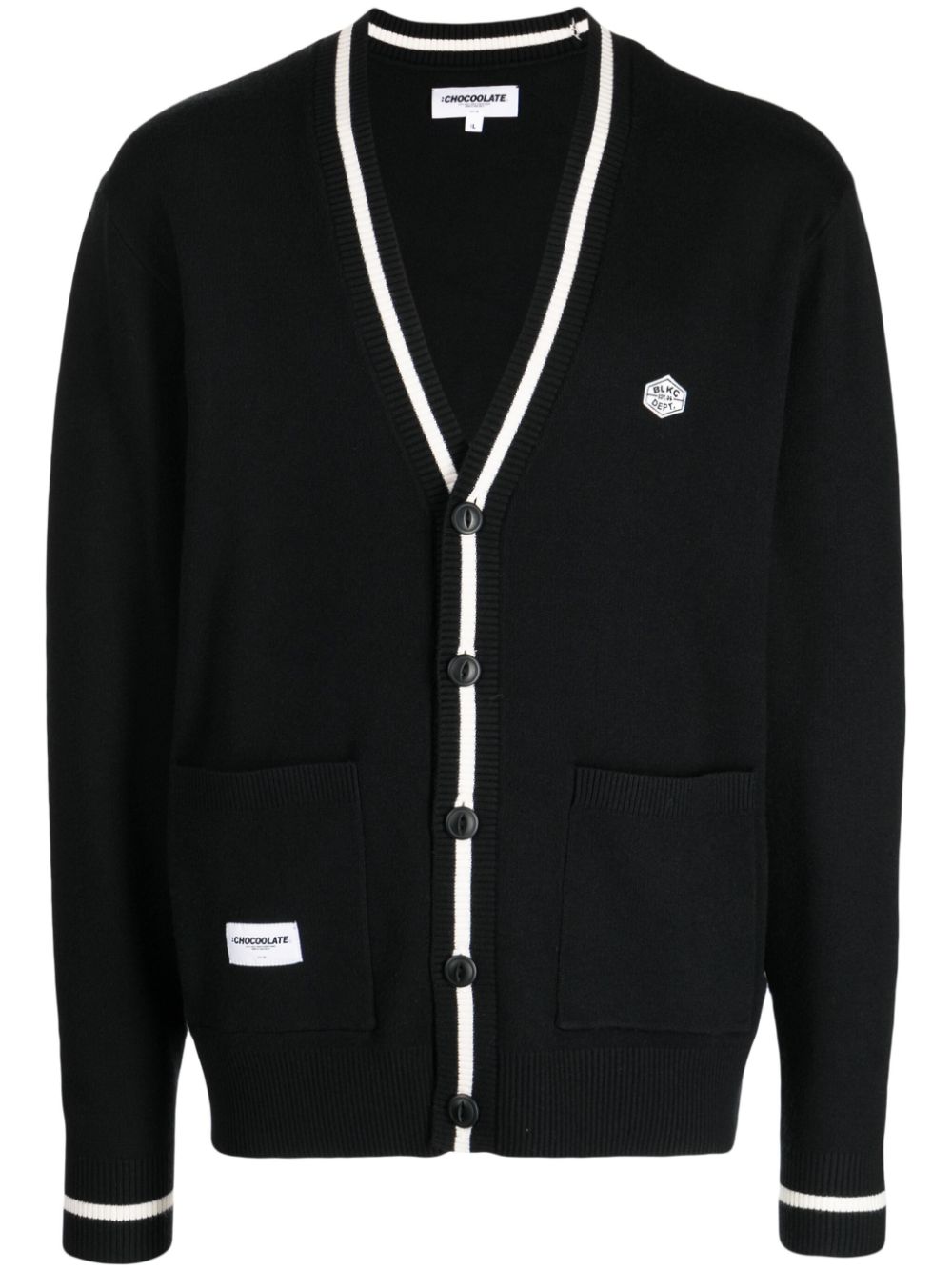 초쿨렛 남성 intarsia-knit logo V-neck cardigan - Black KNC4178XF