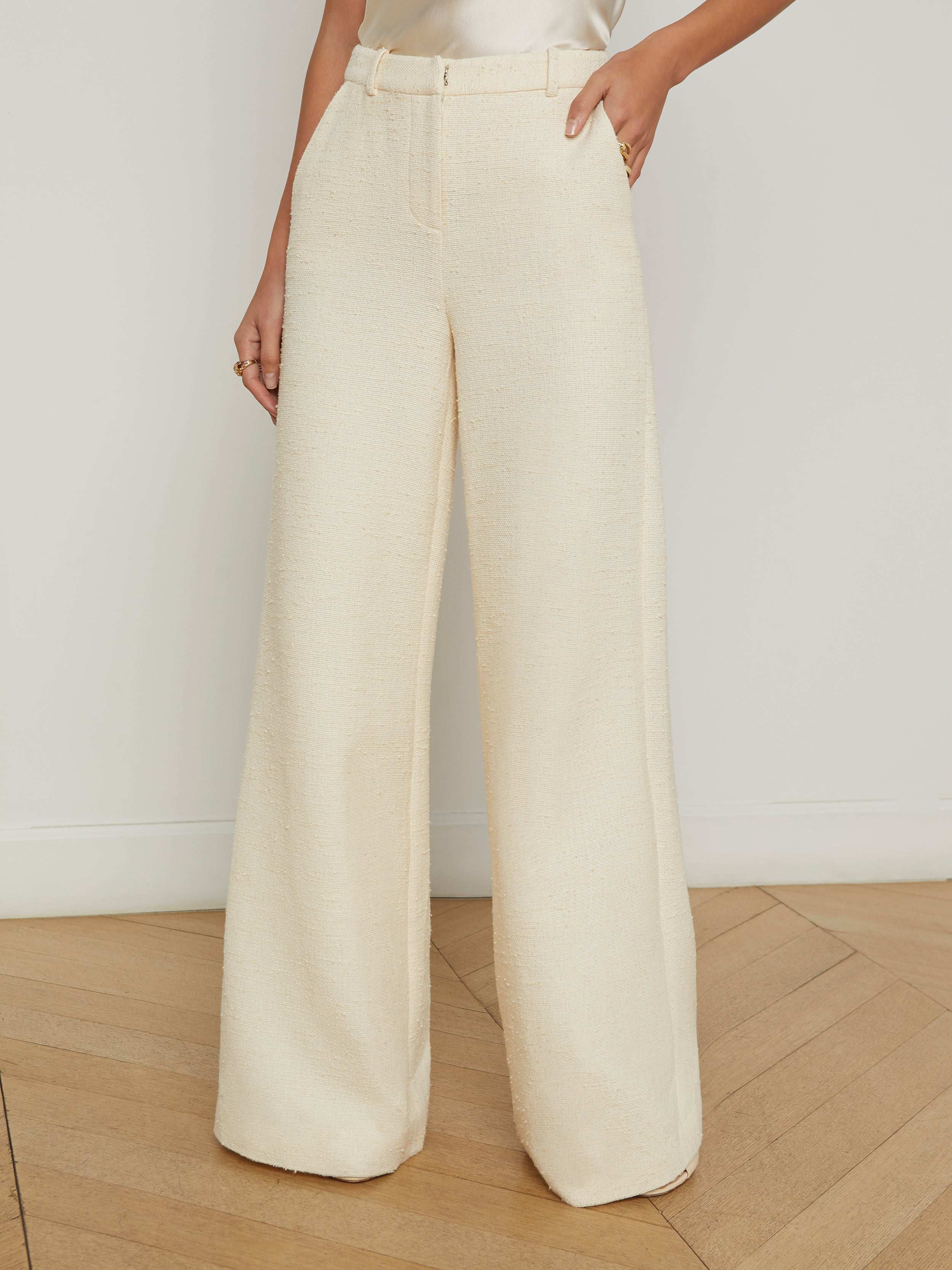 Pilar Tweed Wide-Leg Pants In Light Pearl