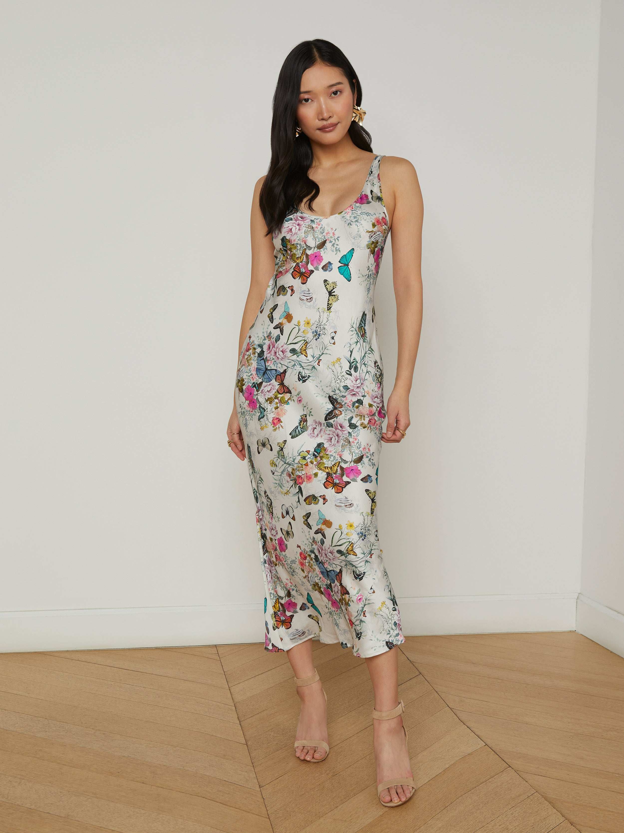 Akiya Satin Maxi Dress In Vintage White Multi Charonda Butterfly