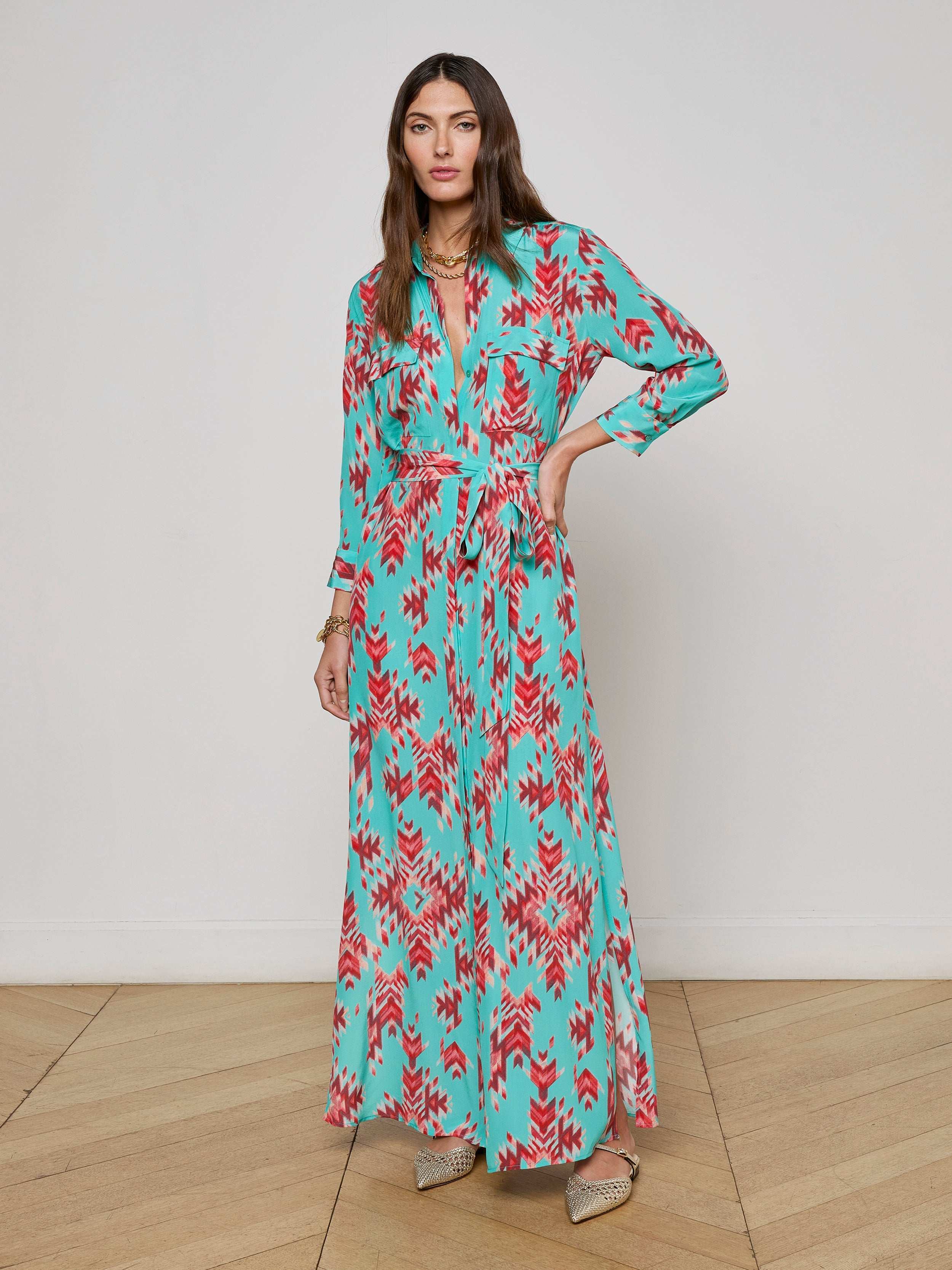 Cameron Silk Shirt Dress In Pool Blue Multi Ganado Print