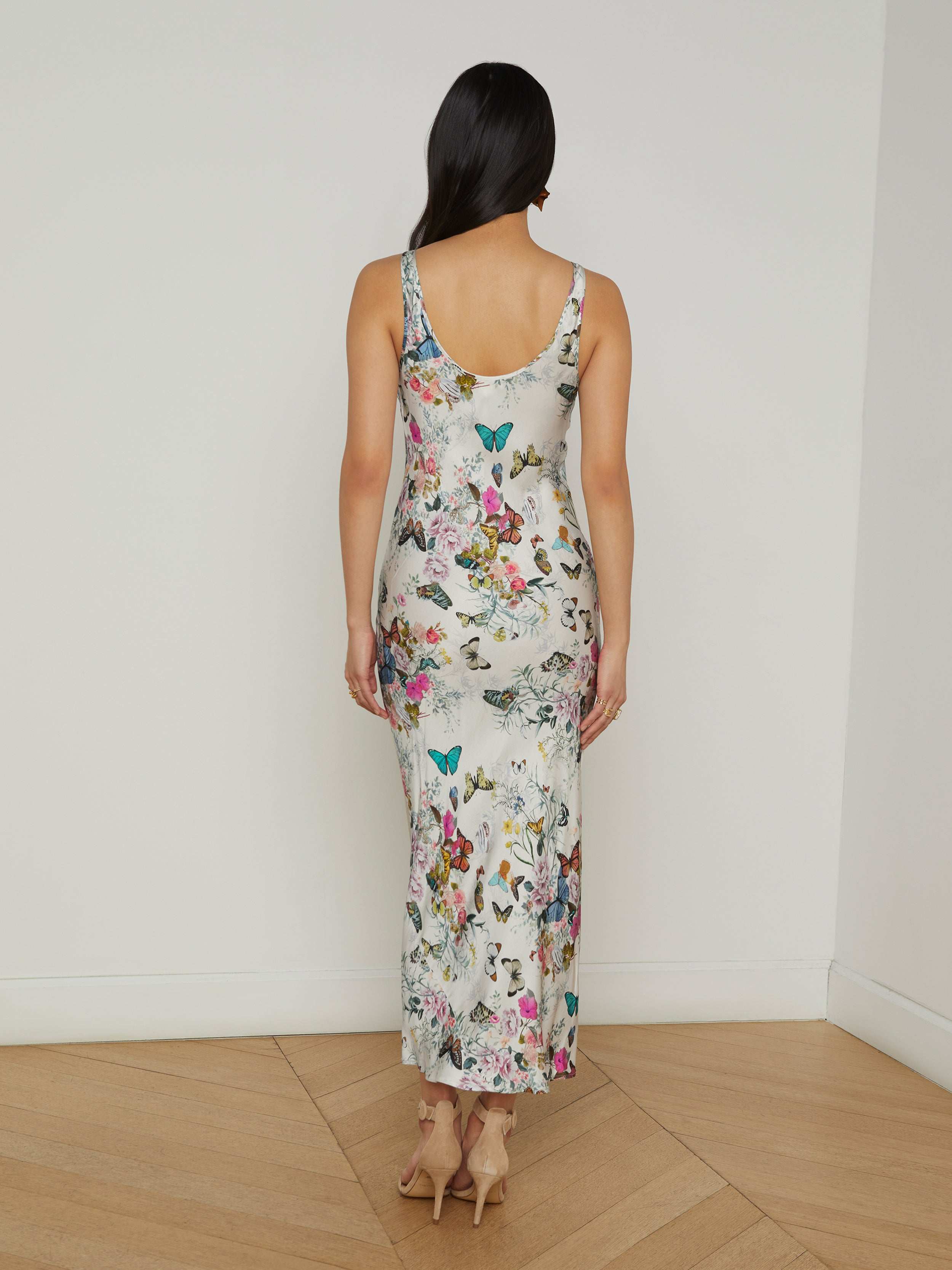 Akiya Satin Maxi Dress In Vintage White Multi Charonda Butterfly