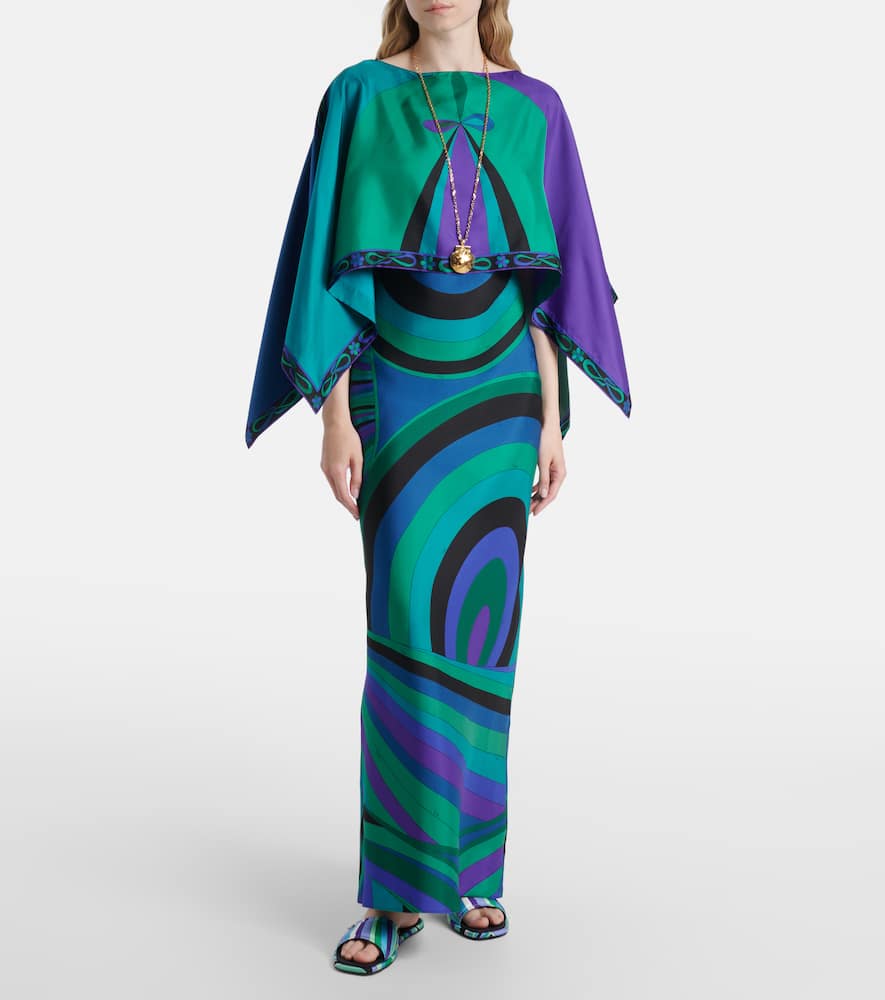 Iride printed cape-detail silk maxi dress