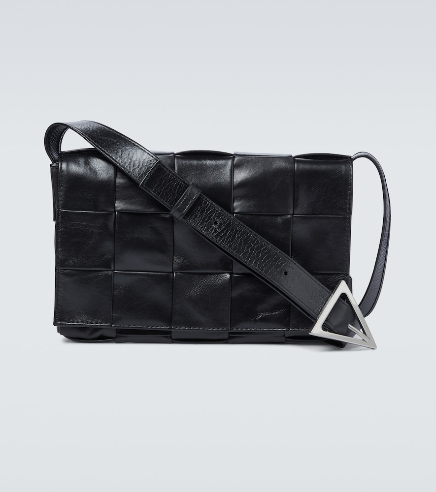 Black Intrecciato paper-leather cross-body bag, Bottega Veneta