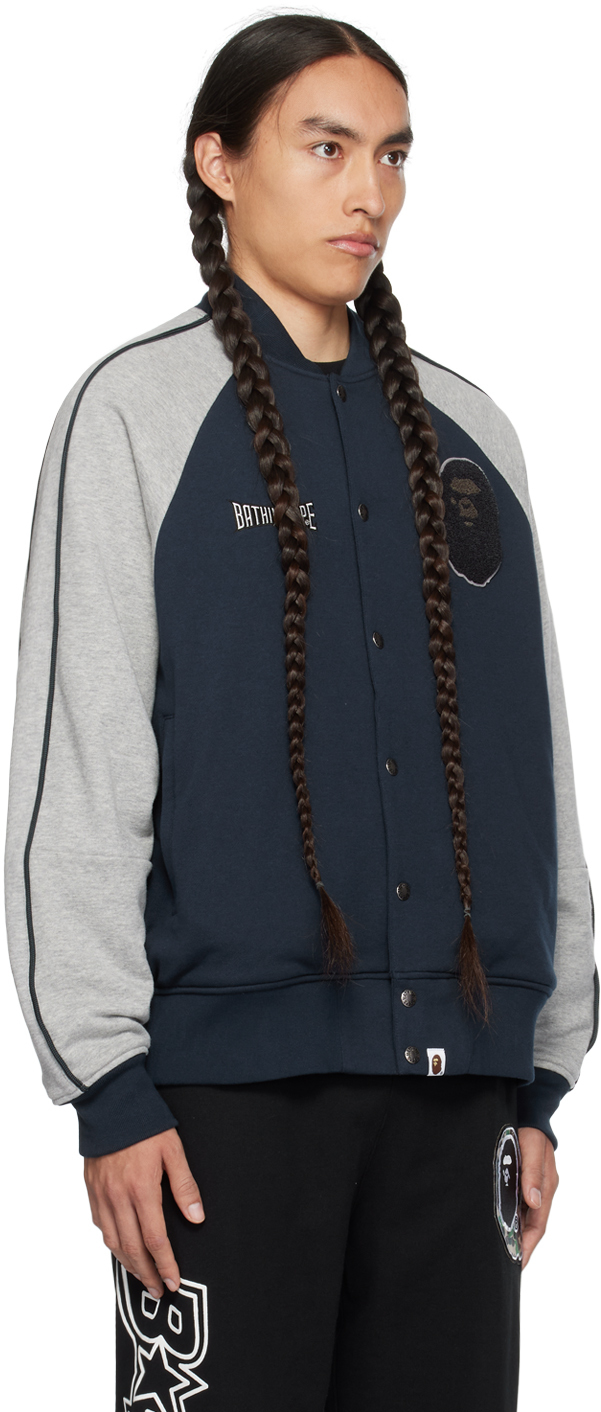 Bape Gray & Navy Sweat Bomber Jacket - Navy