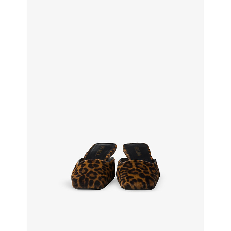 Womens Neutral Leopard-print Square-toe Leather Heeled Mules