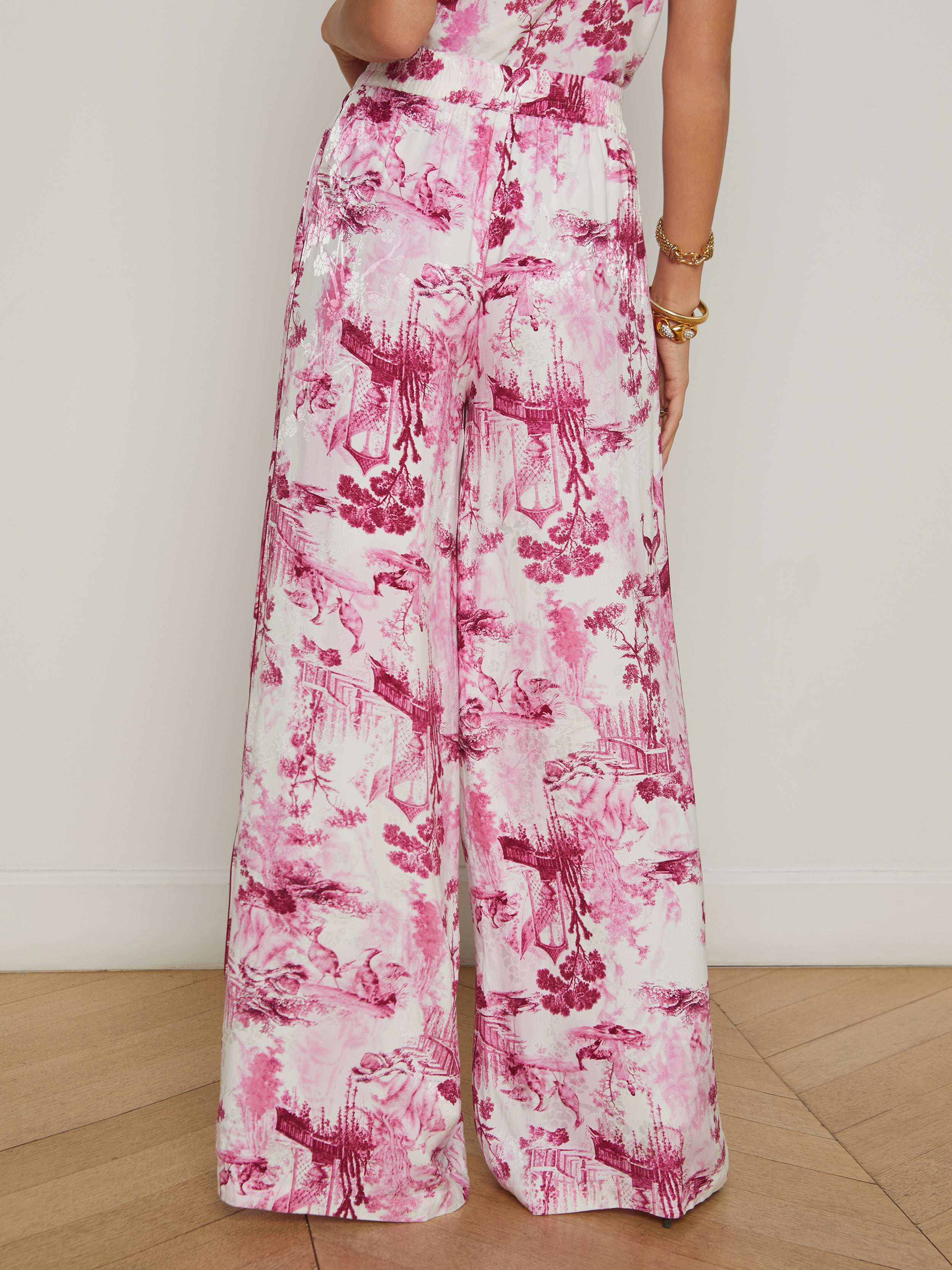 Ivy Satin Wide-Leg Pants In White/pink Porcelain Toile