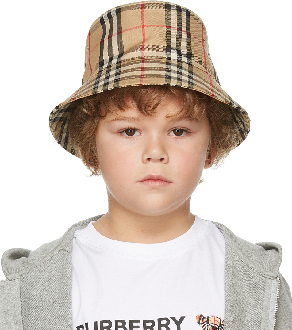Kids Beige Check Reversible Bucket Hat