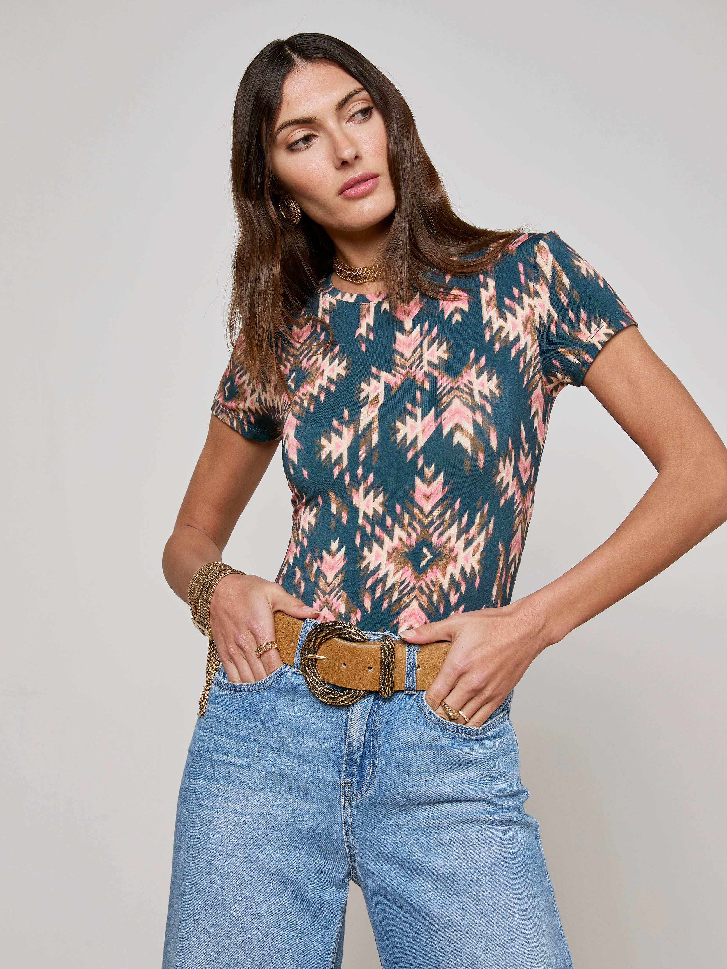 Ressi Fitted T-Shirt In Charcoal Multi Ganado Print