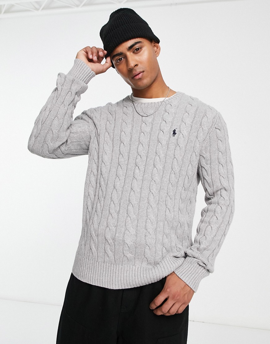 Ralph Lauren icon logo cable cotton knit jumper in grey marl