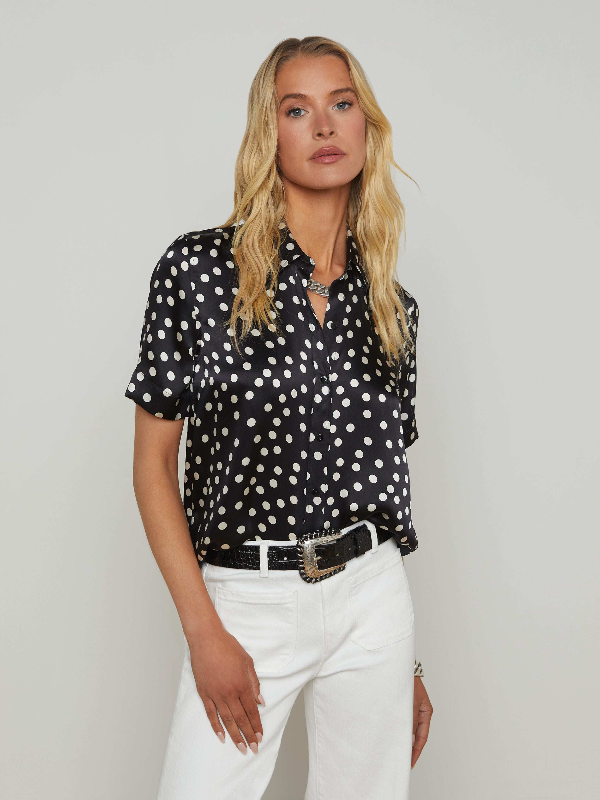 Ellah Silk Blouse Top In Black/ecru Polka Dot