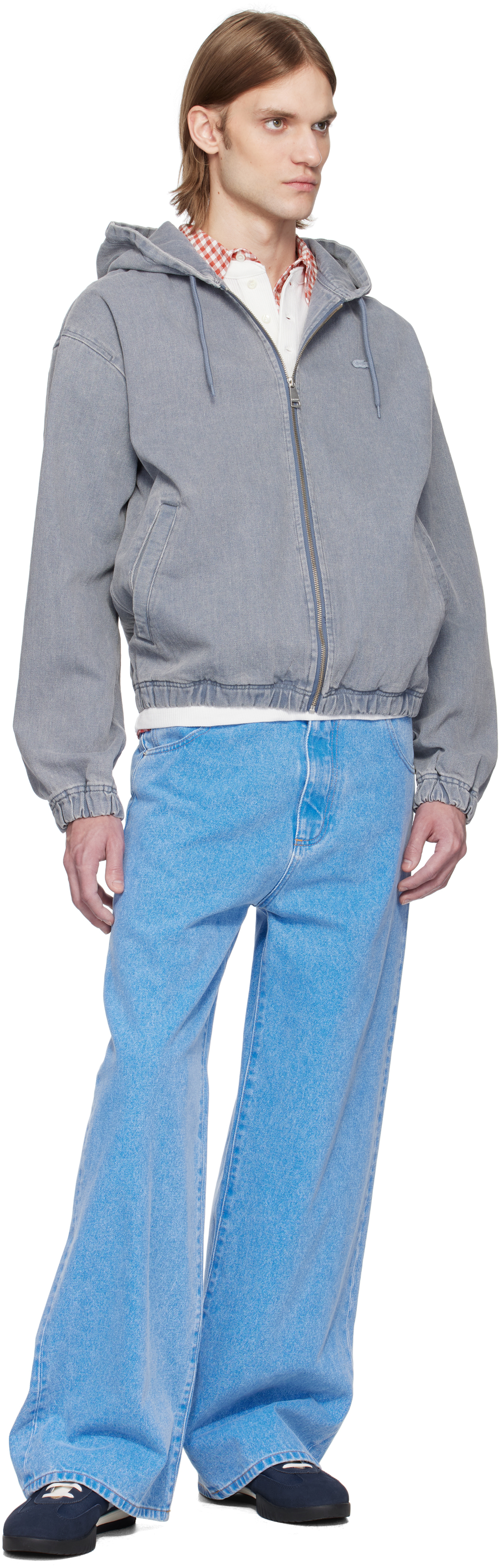 Lacoste Gray Washed Effect Hooded Denim Jacket