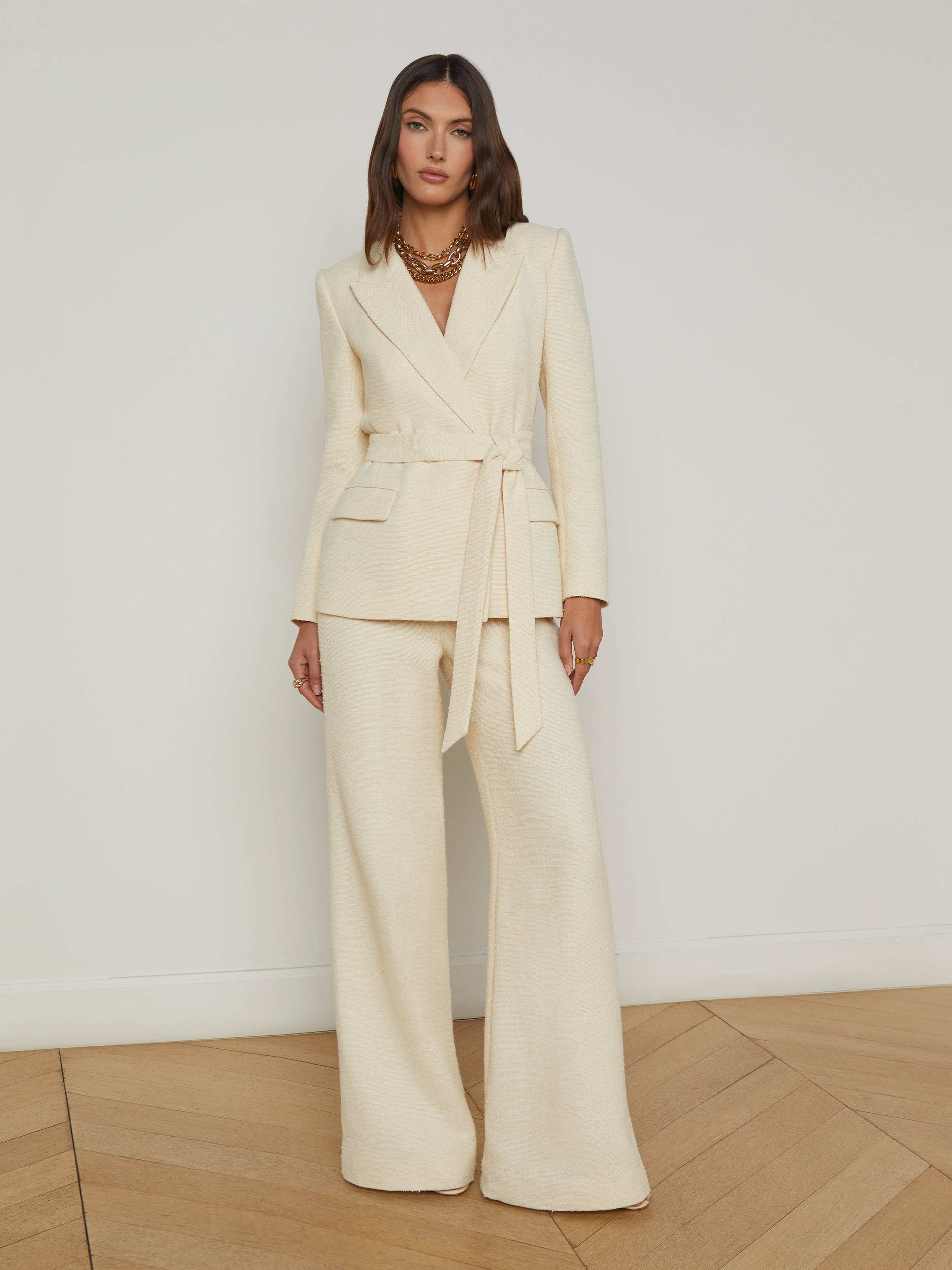 Pilar Tweed Wide-Leg Pants In Light Pearl