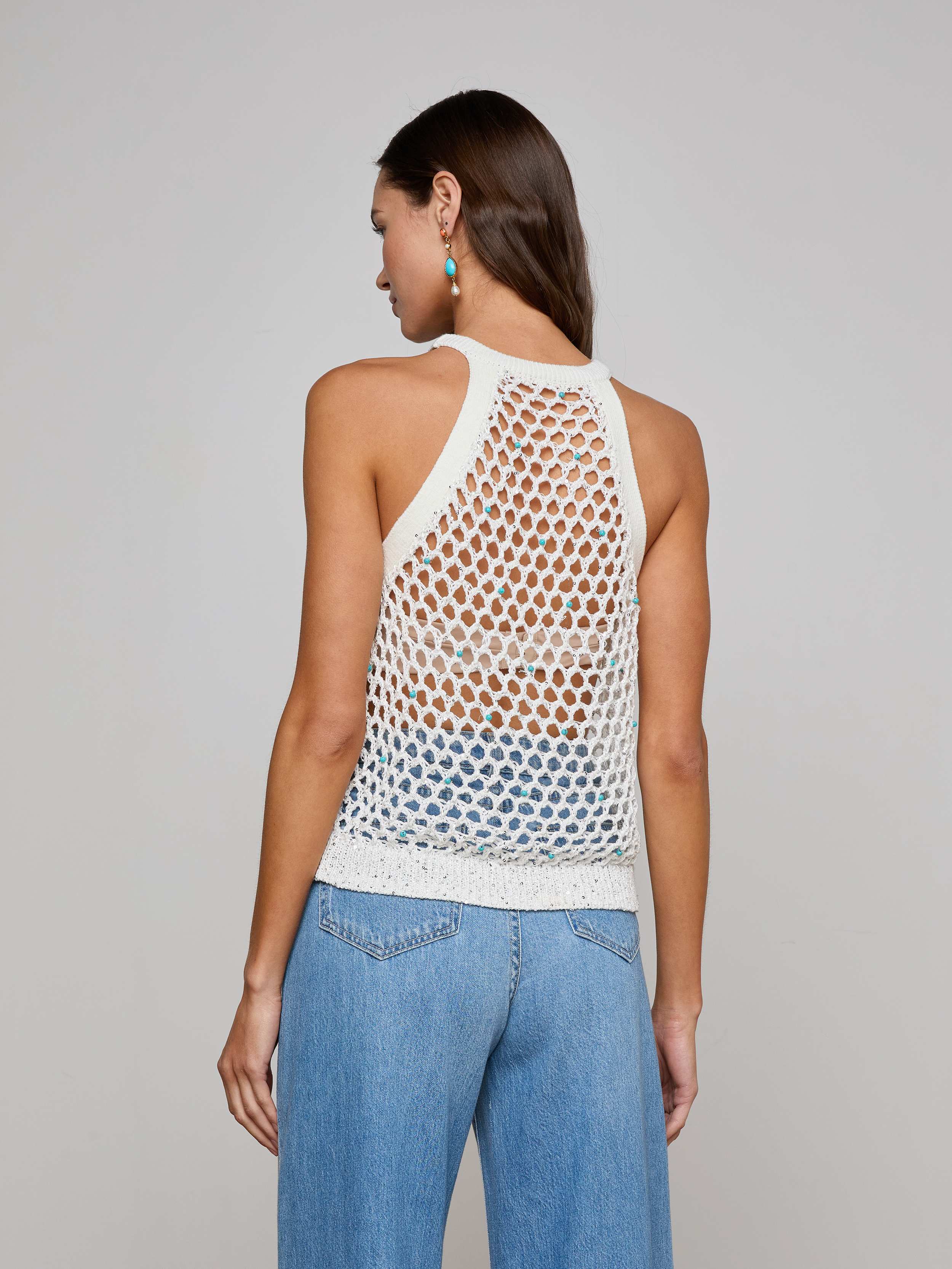 Parmida Embellished Tank In Ivory/turquoise Beads