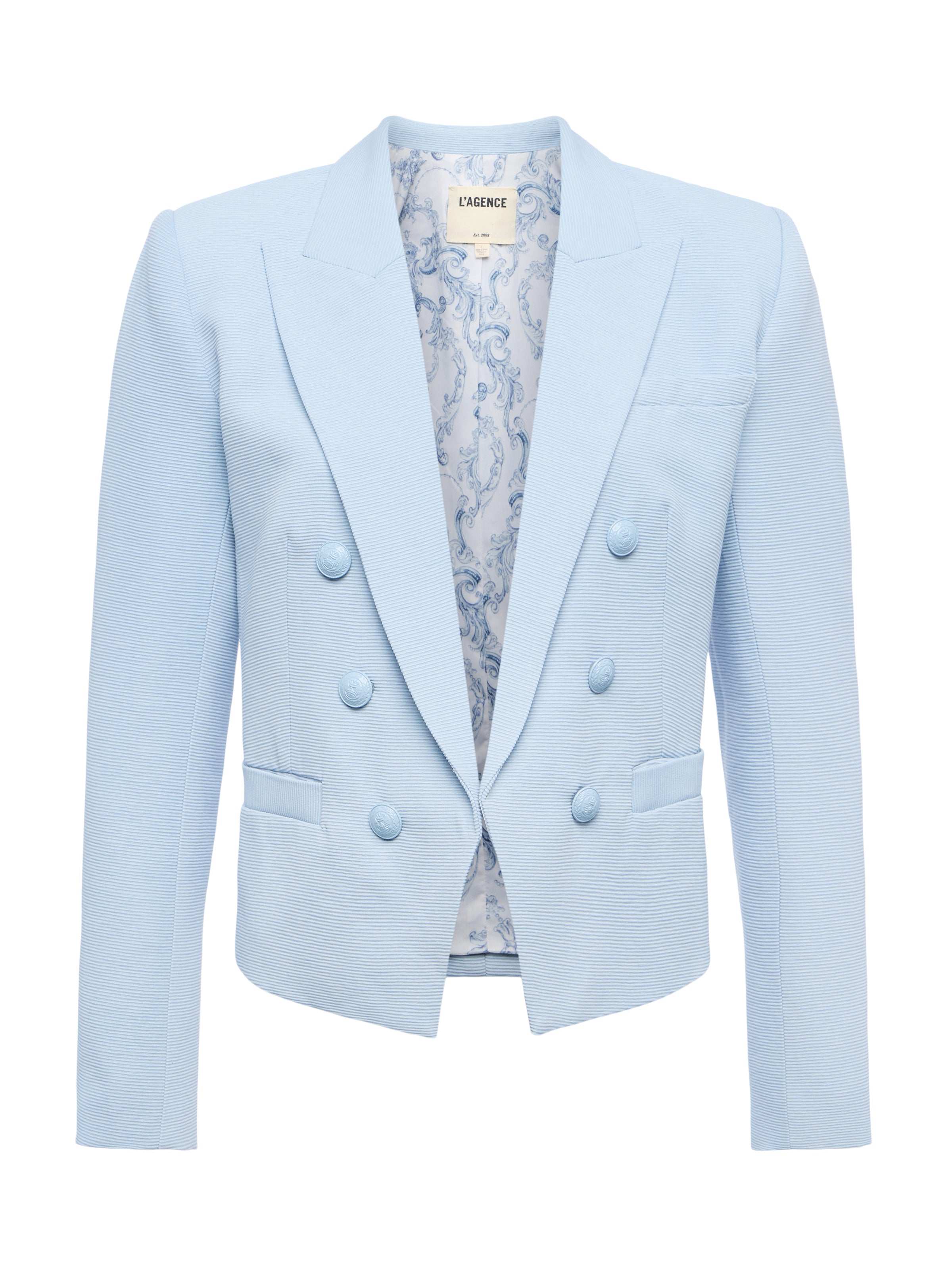 Brooke Open-Front Blazer In Blue Fog/scroll Toile