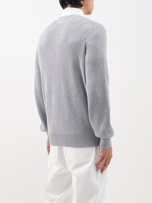 Grey Logo-embroidered ribbed-cotton polo shirt, Brunello Cucinelli