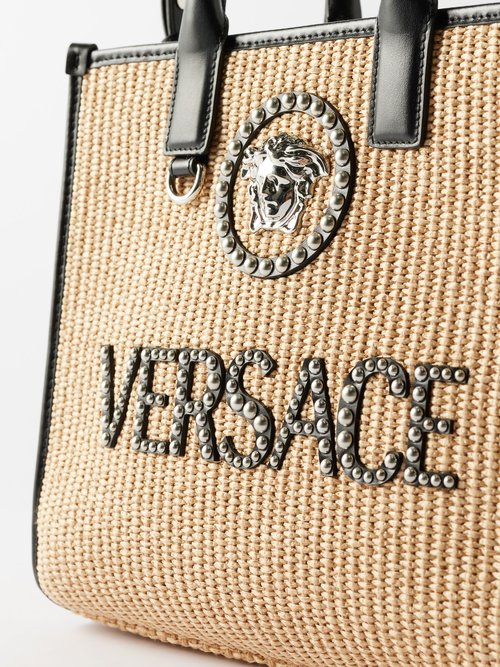 Beige La Medusa faux raffia and leather tote bag, Versace