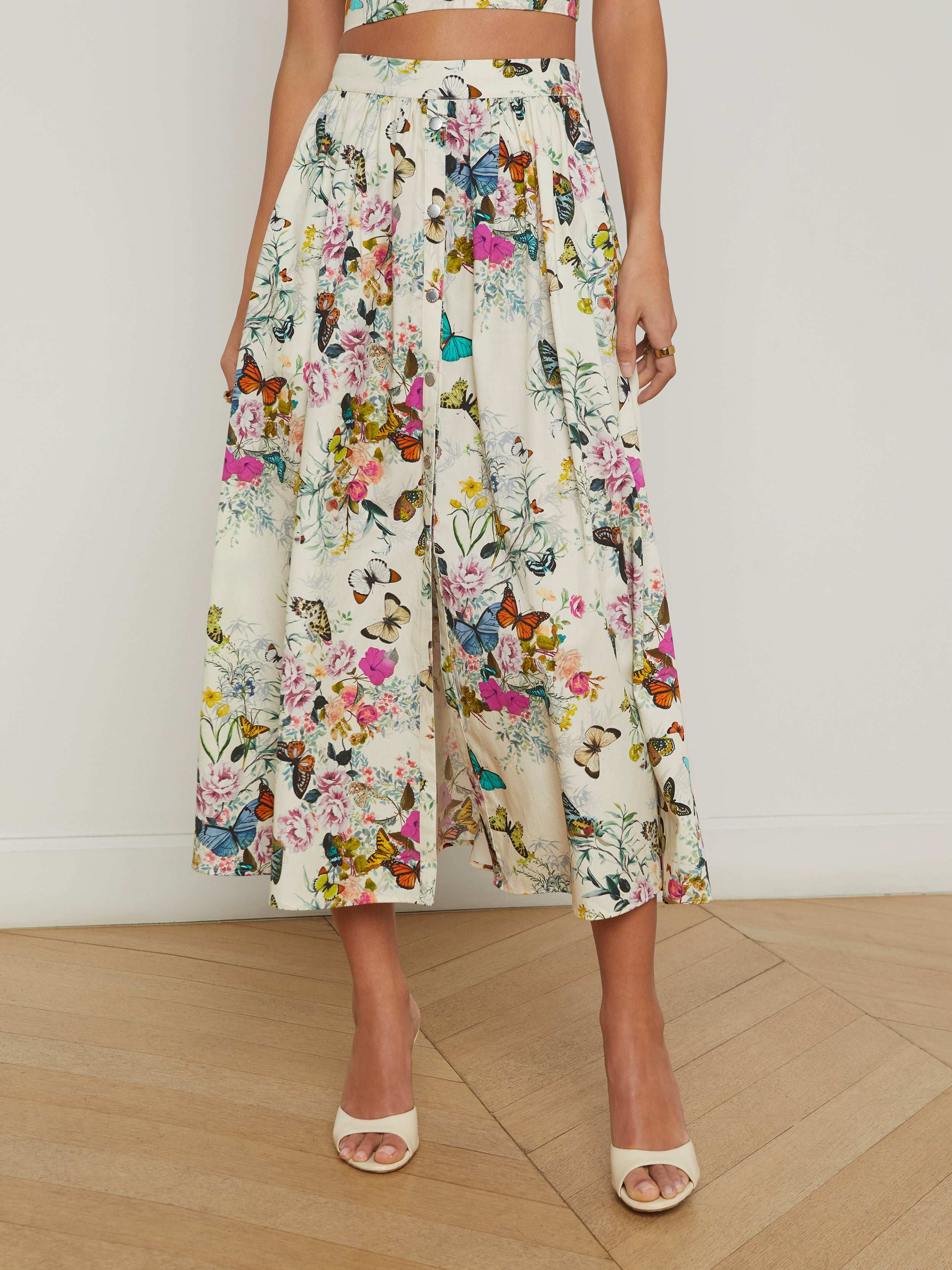 Seina Poplin Midi Skirt In Vintage White Multi Charonda Butterfly