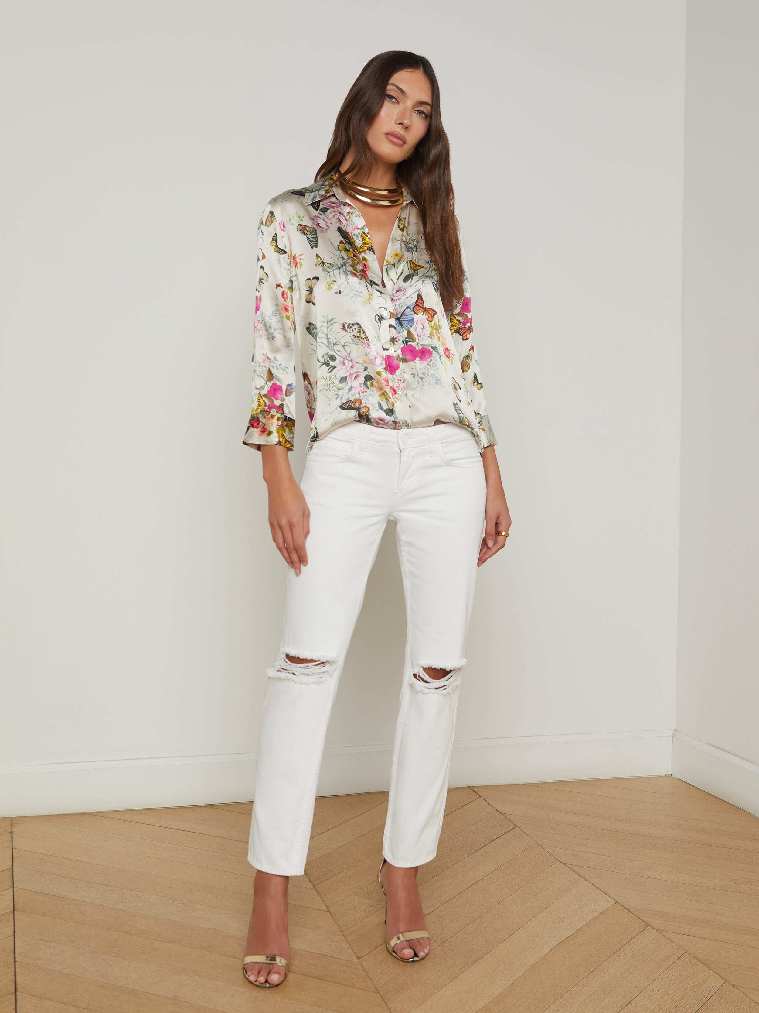 Dani Silk Blouse Top In Vintage White Multi Charonda Butterfly