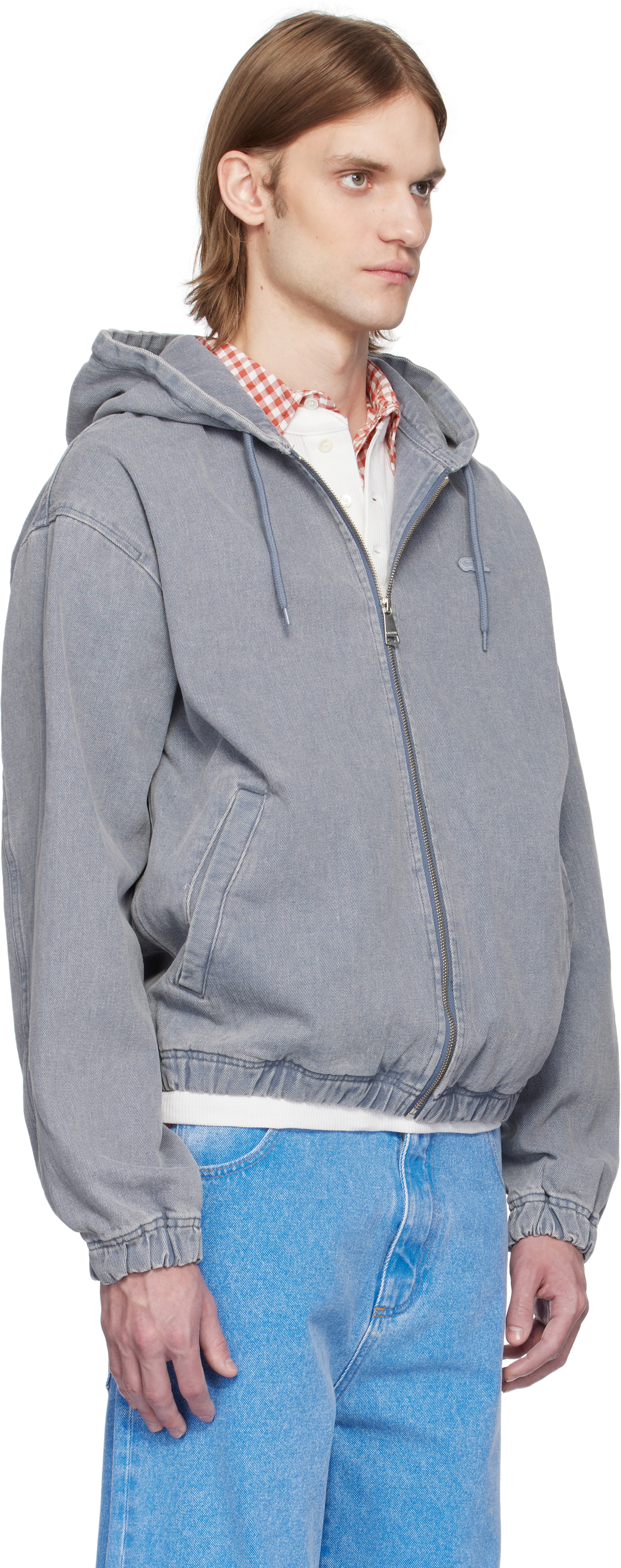 Lacoste Gray Washed Effect Hooded Denim Jacket