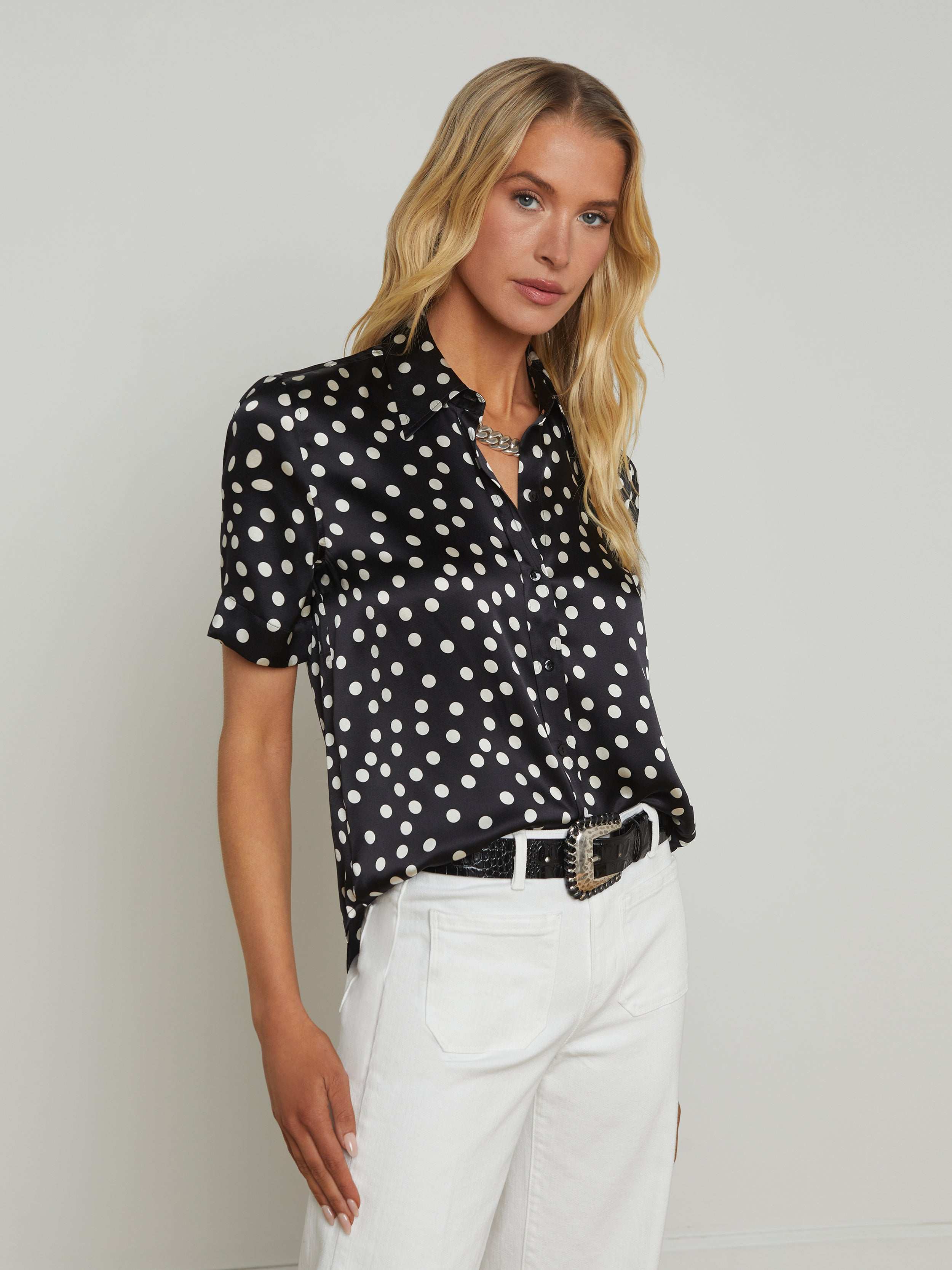 Ellah Silk Blouse Top In Black/ecru Polka Dot