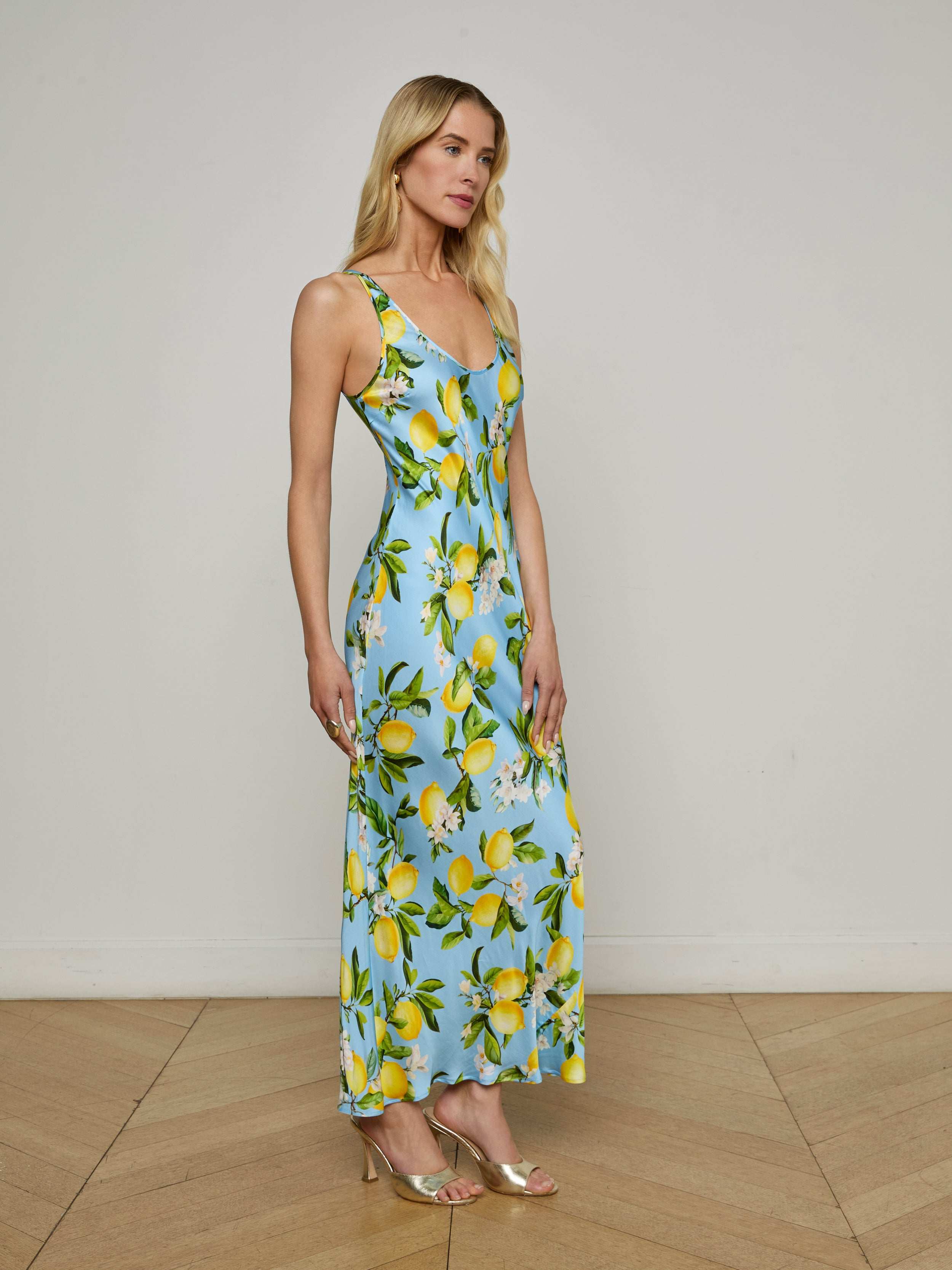 Akiya Satin Maxi Dress In Sky Blue/yellow Floral Lemon