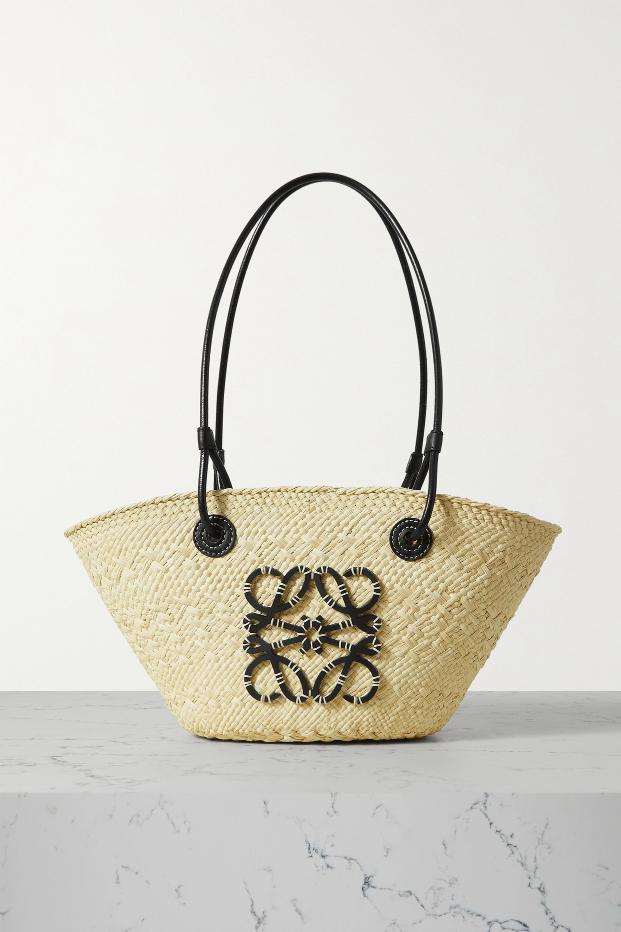 LOEWE Shell small leather-trimmed raffia tote